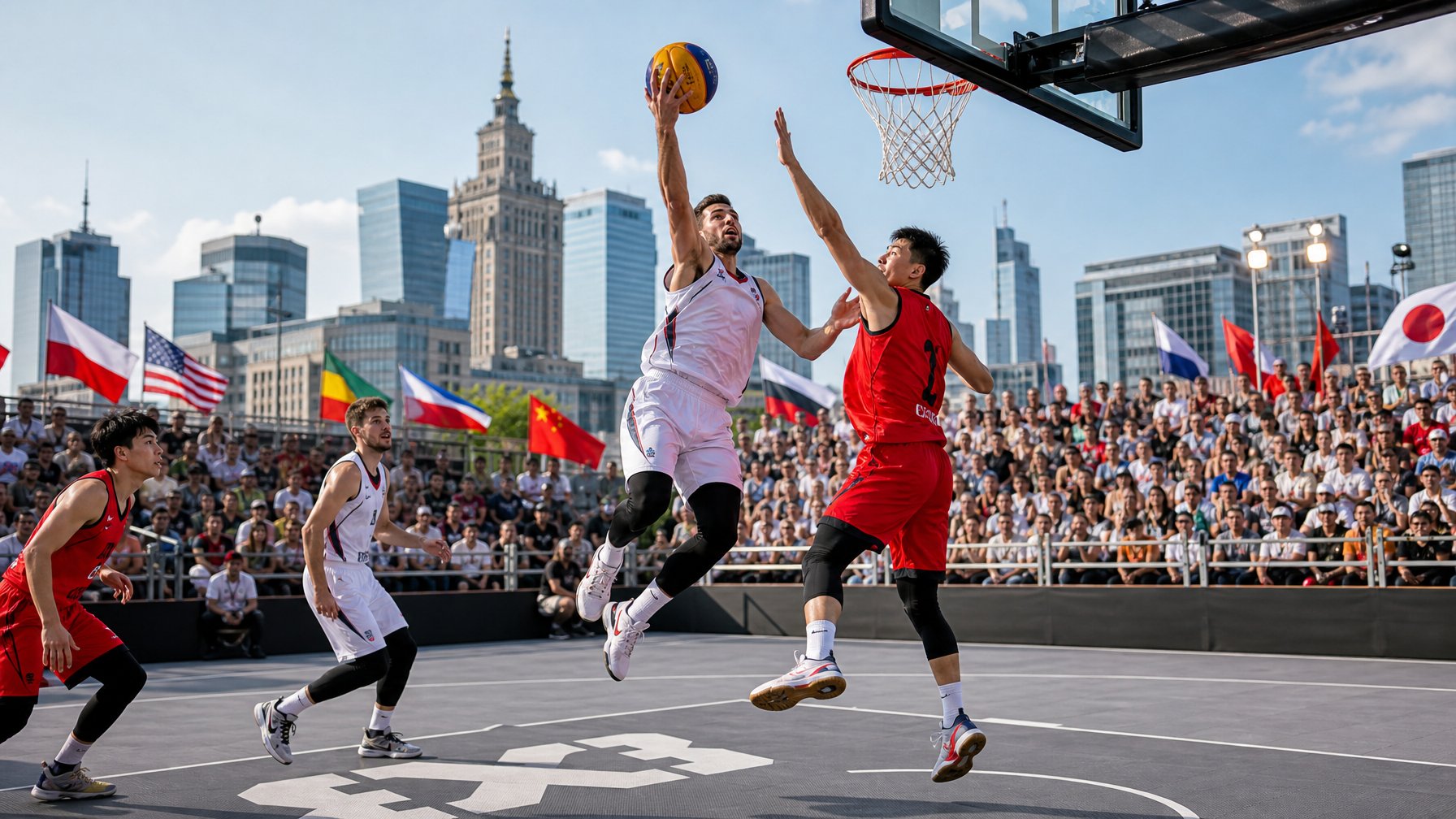 Pertandingan bola basket 3x3 sedang berlangsung di lapangan luar ruangan dengan pemain yang aktif dan penonton yang antusias di latar belakang.