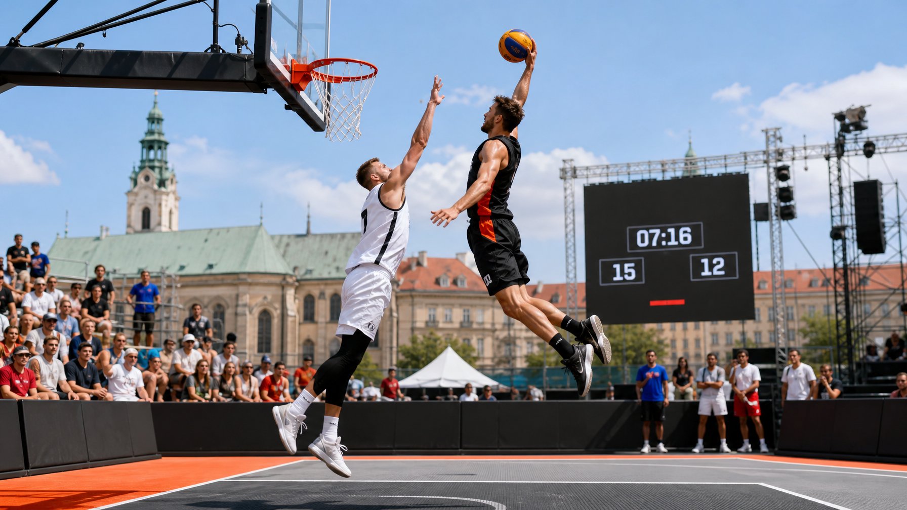 Dua pemain basket pria sedang bertanding di lapangan luar ruangan dengan latar belakang kota dan penonton menyaksikan pertandingan.