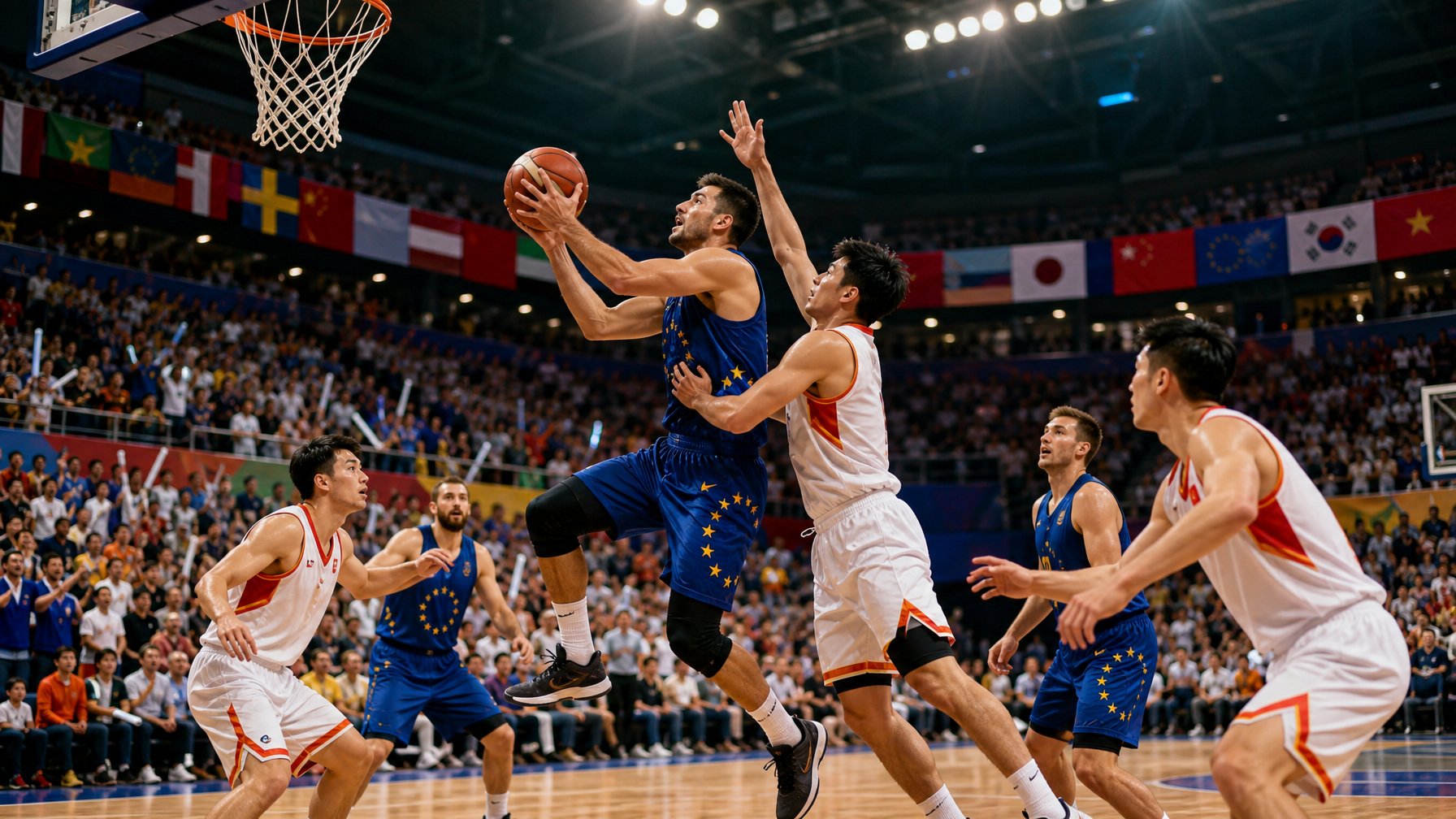 Pertandingan bola basket internasional di stadion modern dengan pemain dari Eropa dan Asia bermain dan penonton yang antusias menyaksikan pertandingan.