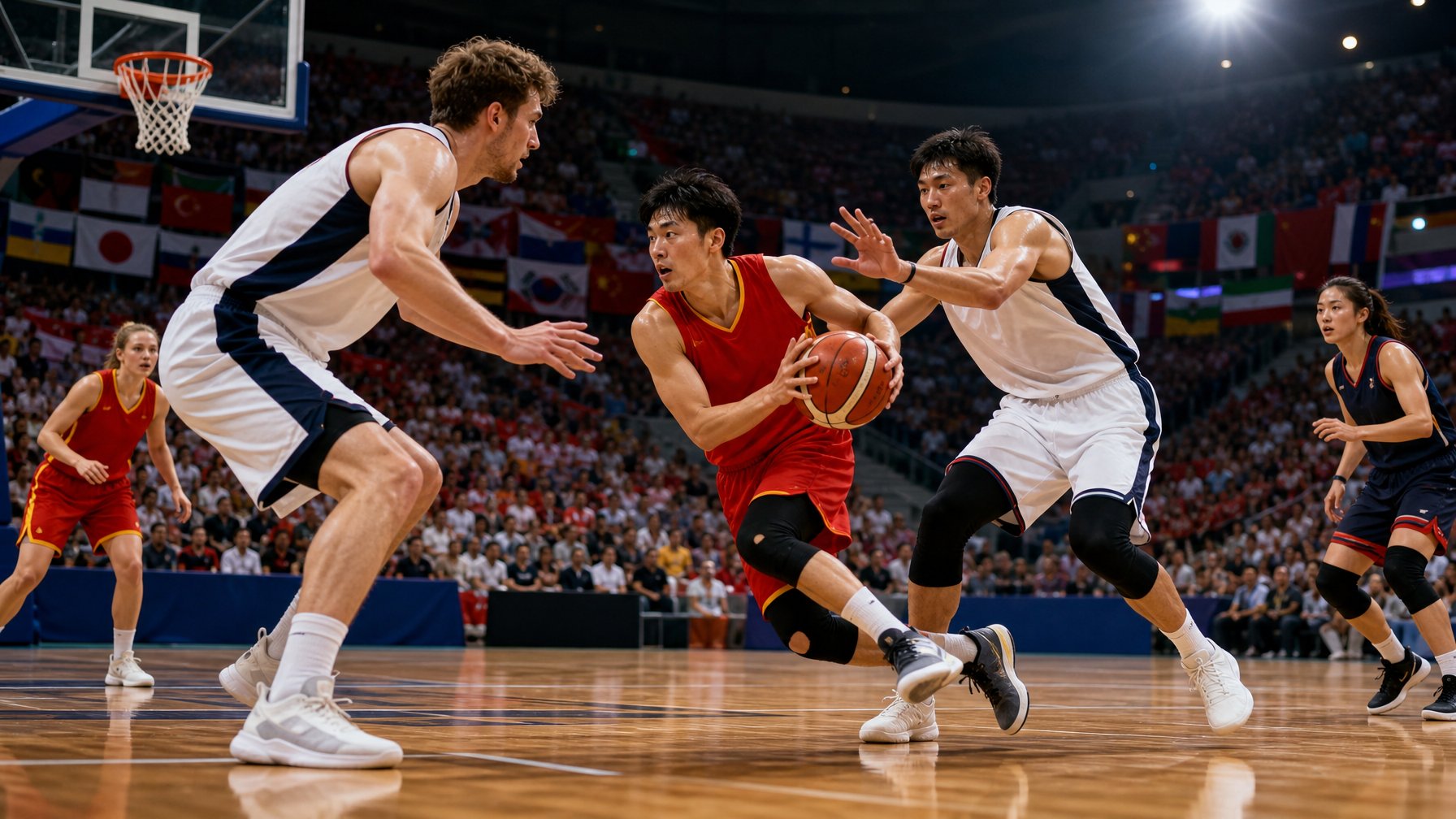 Para pemain basket dari Eropa dan Asia bermain di lapangan dalam pertandingan internasional dengan penonton di latar belakang.