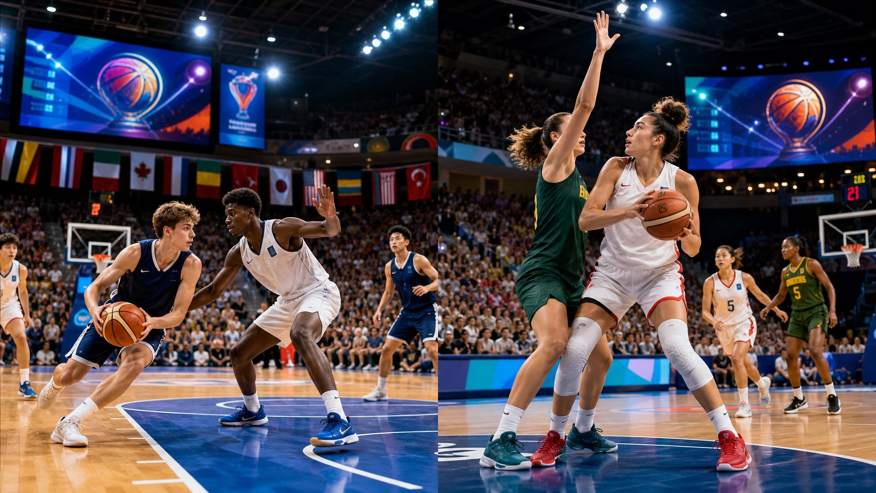 Pertandingan bola basket internasional dengan pemain muda pria dan wanita sedang bermain di arena penuh penonton yang antusias.