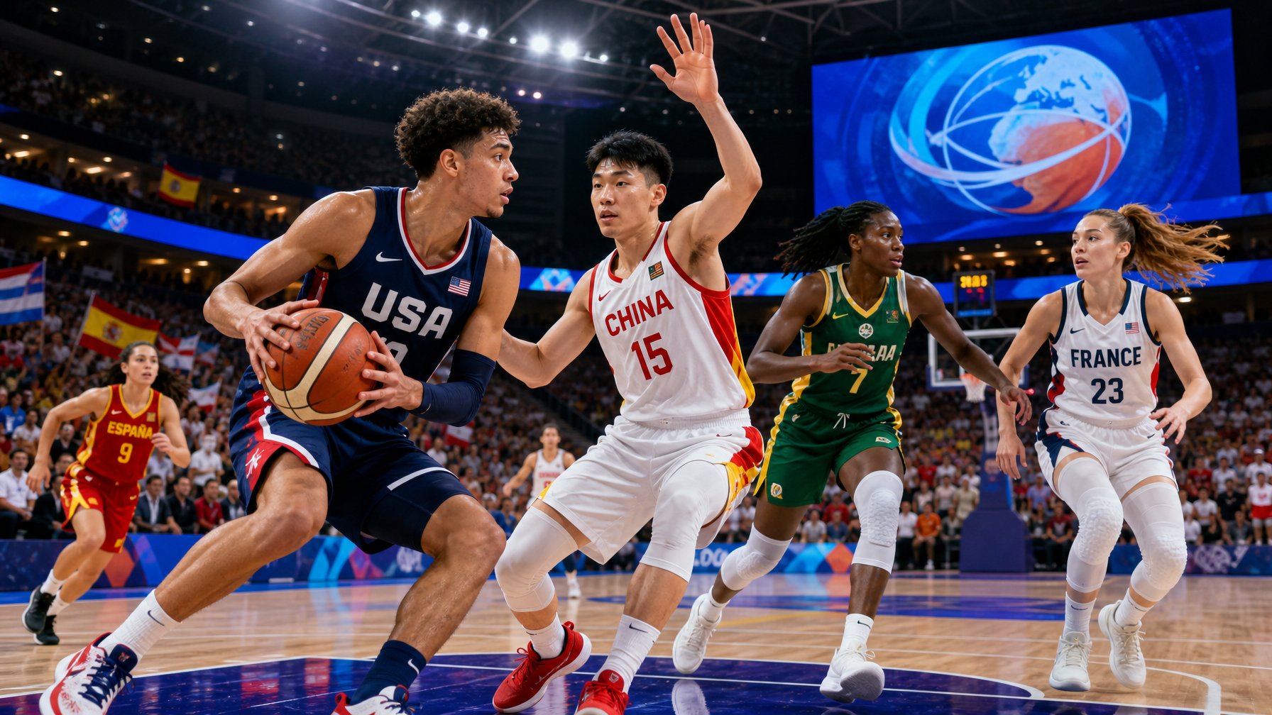 Para pemain basket muda pria dan wanita sedang bermain di lapangan dalam pertandingan internasional dengan penonton di tribun stadion.