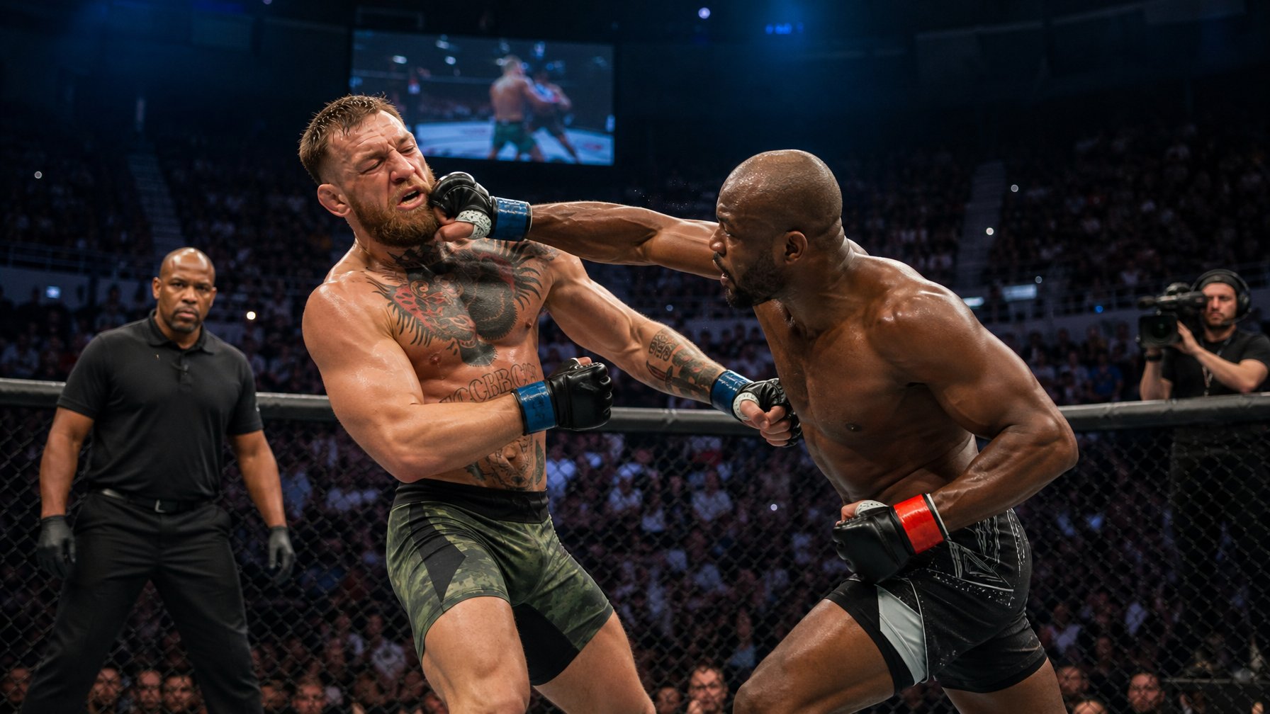 Dua petarung MMA bertanding di dalam oktagon di arena penuh penonton yang antusias.