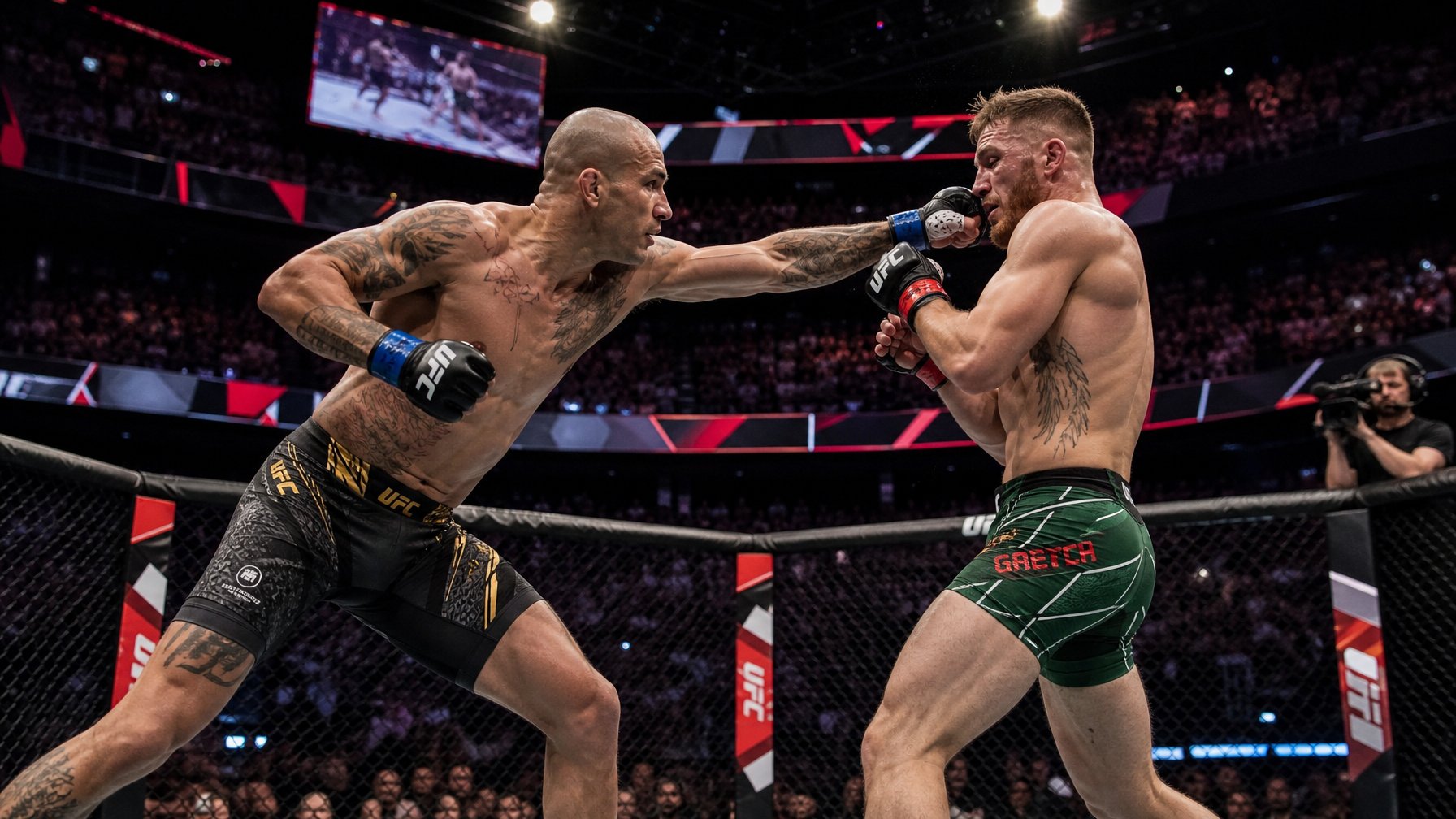 Dua petarung MMA sedang bertanding di dalam oktagon UFC dengan penonton yang antusias di sekelilingnya.