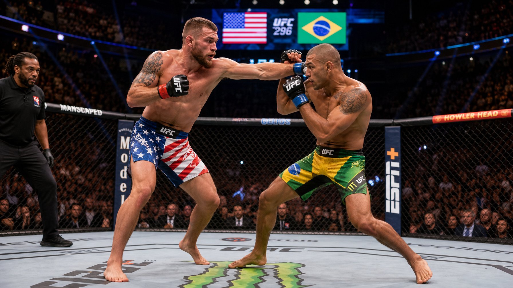Dua petarung MMA dari Amerika Serikat dan Brasil bertarung di dalam kandang octagon di depan penonton ramai.