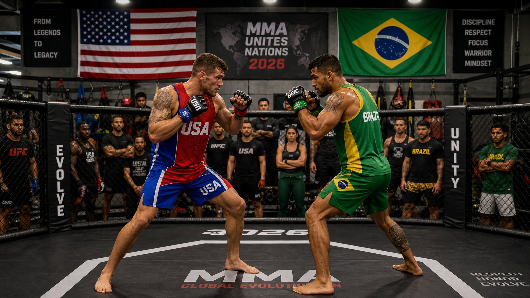 Dua petarung MMA sedang berlatih di dalam kandang octagon di gym dengan bendera Amerika Serikat dan Brasil di latar belakang.