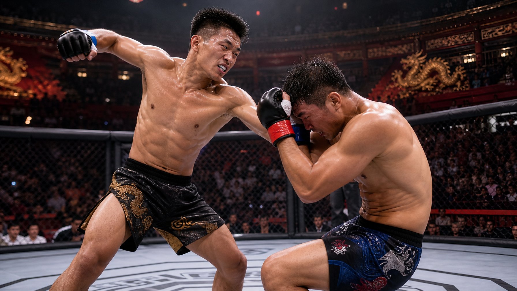 Dua petarung MMA sedang bertanding sengit di dalam arena oktagonal dengan penonton di latar belakang, menggambarkan semangat dan masa depan olahraga bela diri campuran di Asian Games 2026.