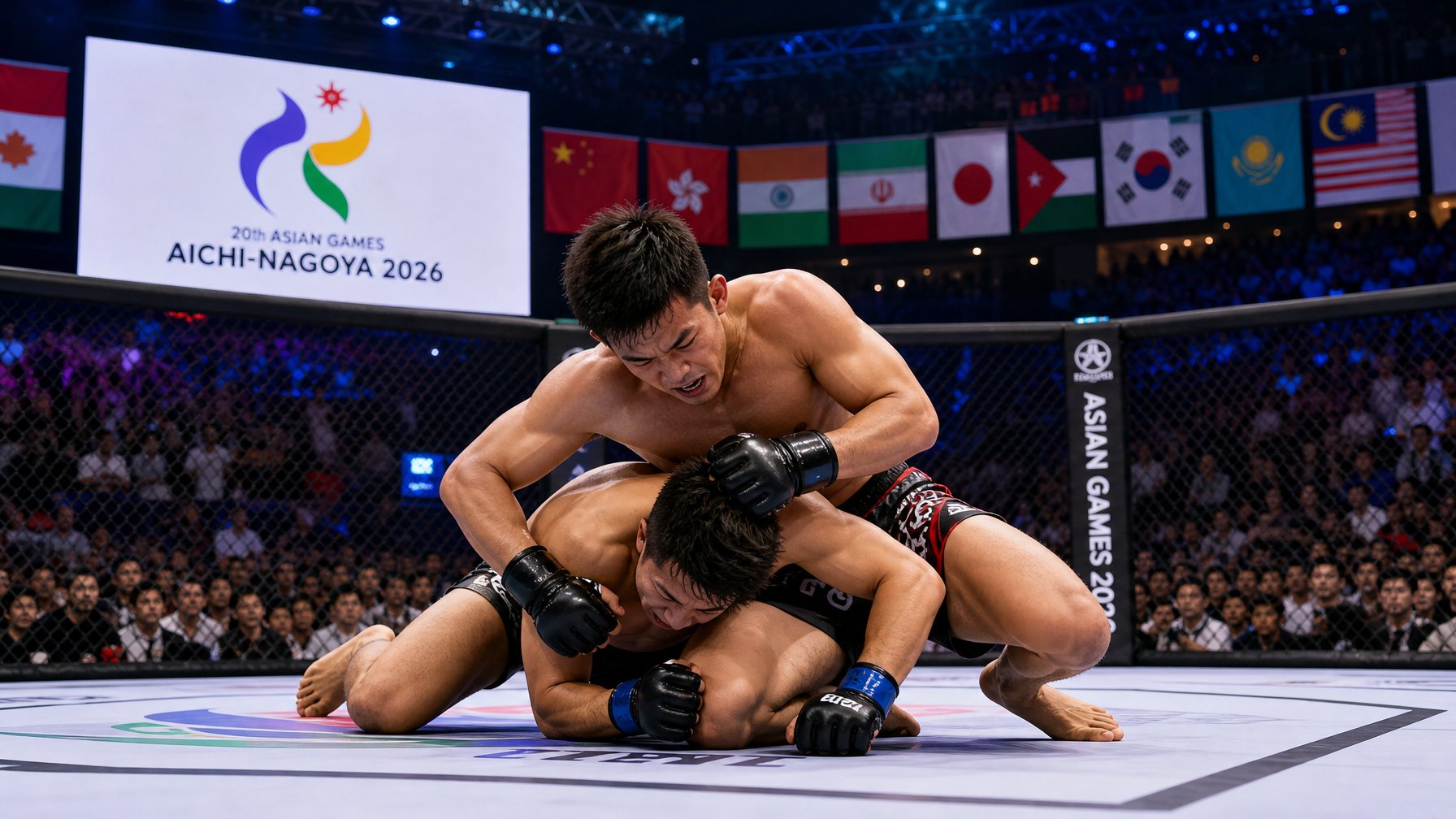 Dua petarung MMA sedang bertarung di dalam arena oktagonal dengan penonton di latar belakang dan bendera negara-negara Asia terlihat.