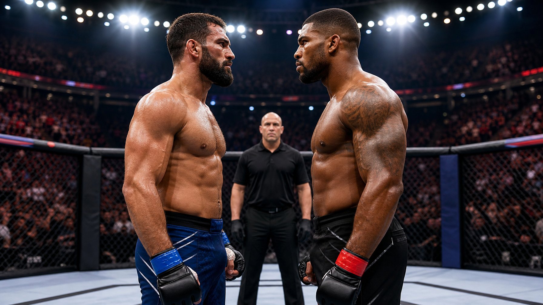 Dua petarung MMA sedang berhadapan di tengah arena dengan penonton ramai di latar belakang.