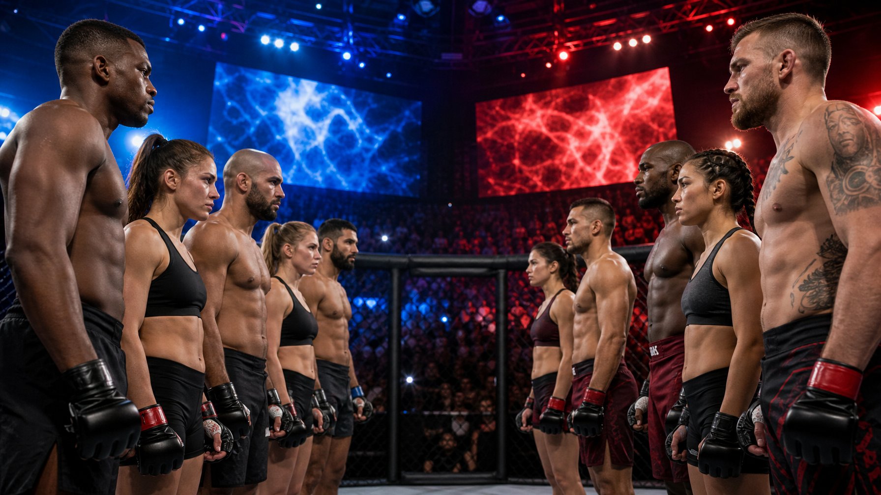 Dua kelompok petarung MMA yang kuat dan fokus saling berhadapan di dalam kandang octagon di arena yang terang dengan penonton di latar belakang.