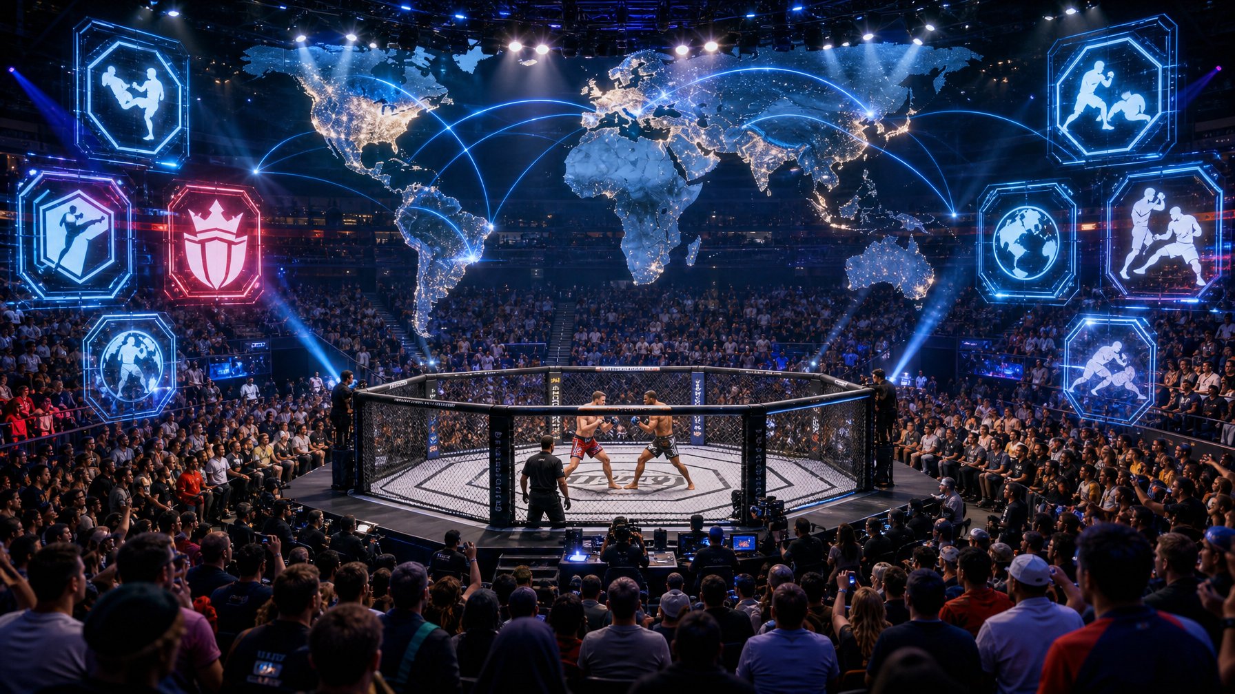 Dua petarung MMA bertanding di dalam kandang oktagonal di arena besar dengan penonton dari berbagai negara, latar belakang menampilkan peta dunia dengan garis koneksi yang menunjukkan ekspansi global MMA.