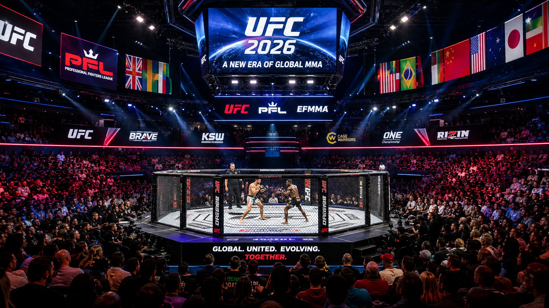Dua petarung MMA sedang bertanding di dalam arena dengan penonton yang antusias dan layar digital menampilkan logo organisasi MMA internasional.