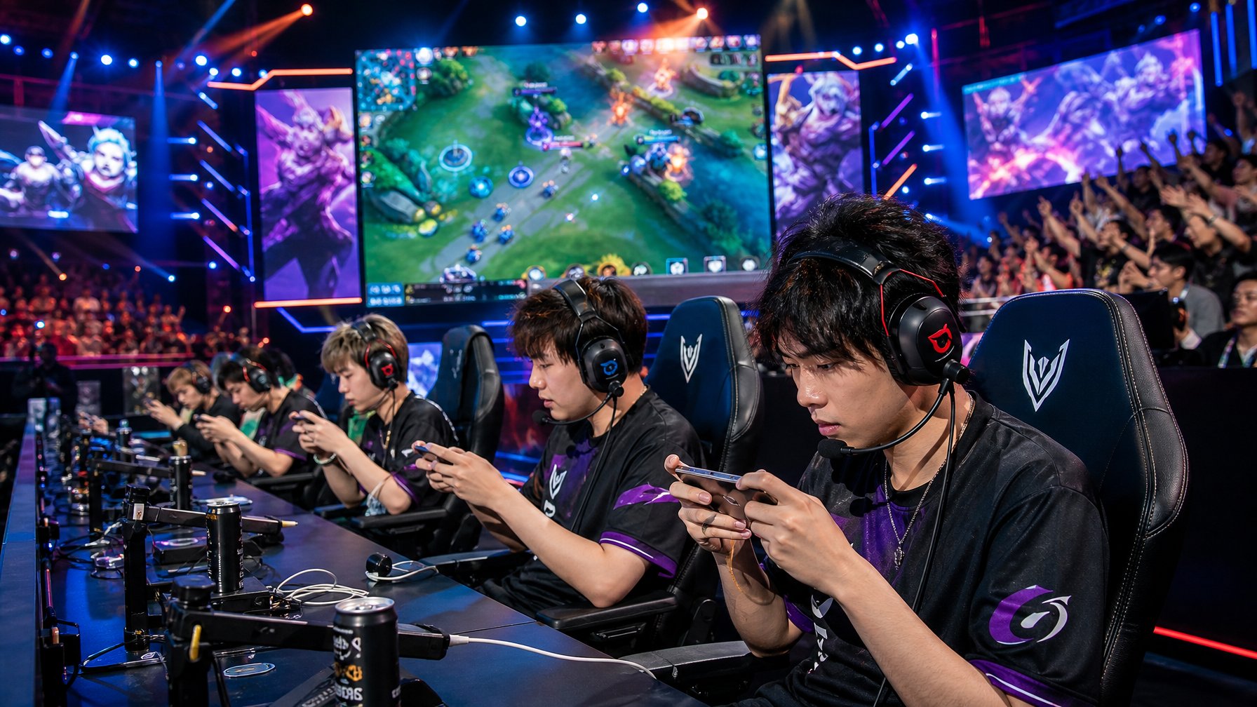 Sejumlah pemain muda sedang fokus bermain game mobile di arena esports dengan lampu warna-warni dan penonton yang antusias.