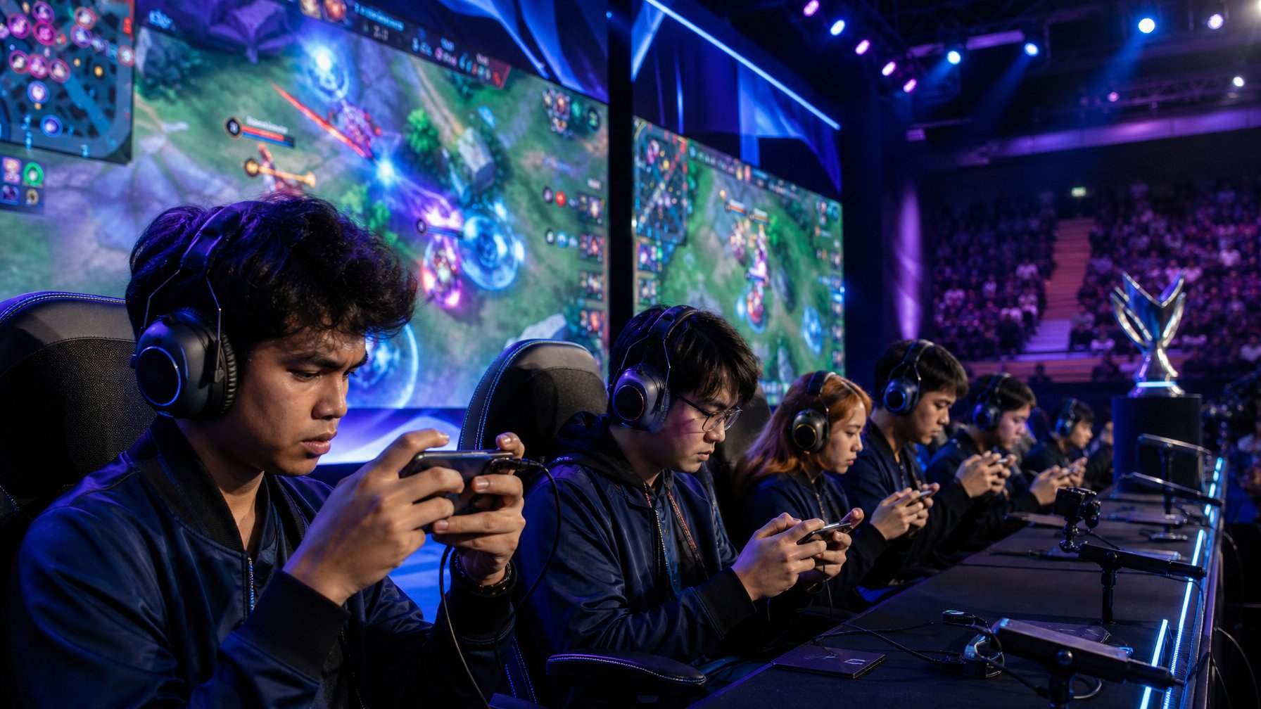 Sekelompok pemain muda fokus bermain turnamen esports mobile dengan layar besar menampilkan permainan MLBB, PUBG Mobile, dan Honor of Kings di latar belakang.