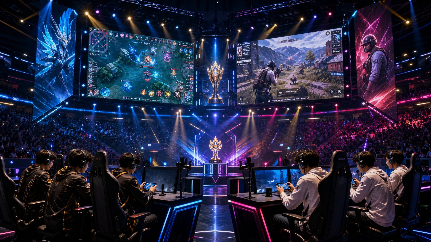 Suasana kompetisi esports mobile tahun 2026 dengan dua tim profesional yang sedang bertanding di arena besar penuh penonton dan layar digital besar.