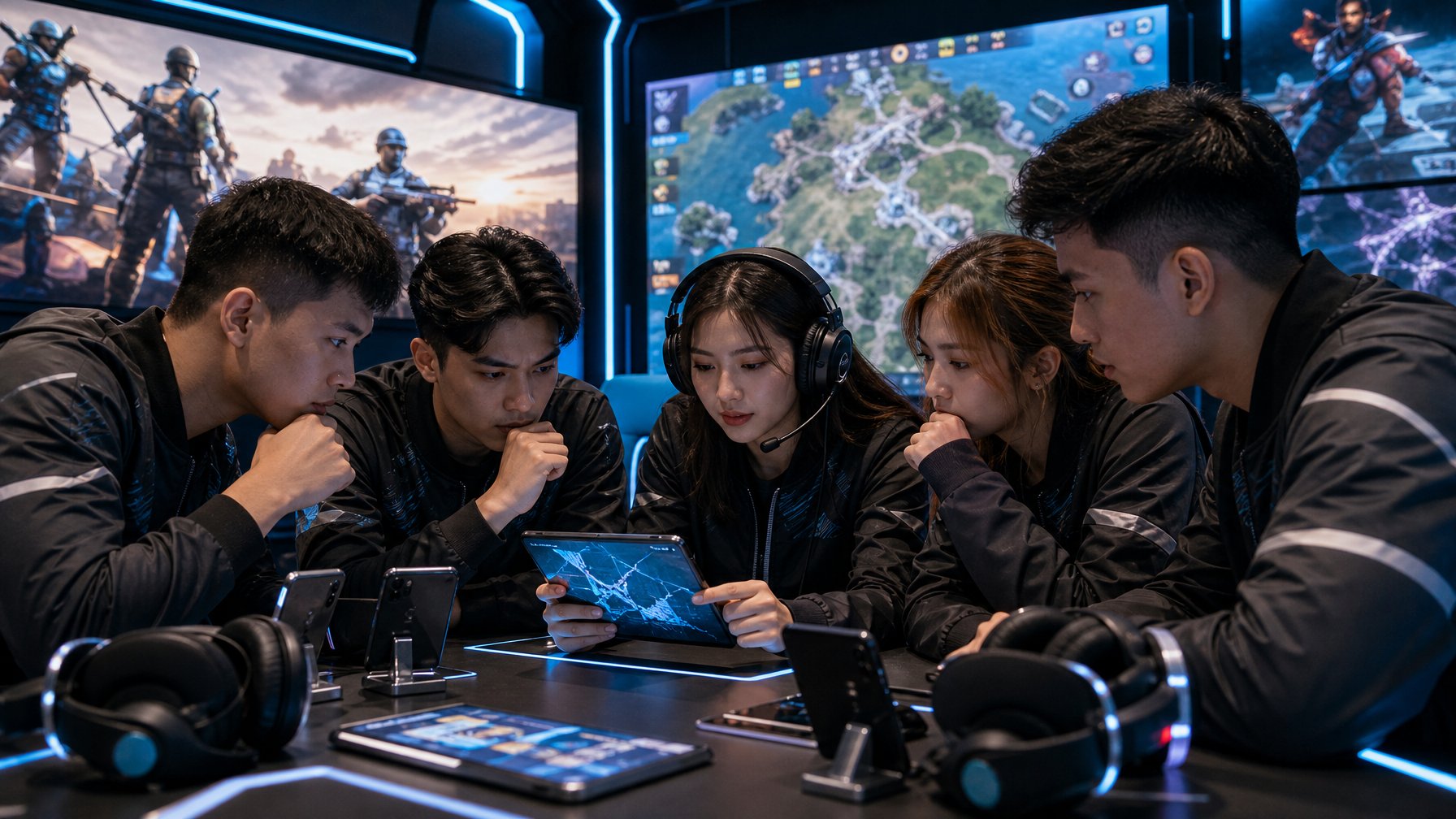Sekelompok pemain esports mobile yang serius sedang berdiskusi dan bermain di arena gaming modern dengan layar besar menampilkan permainan populer.