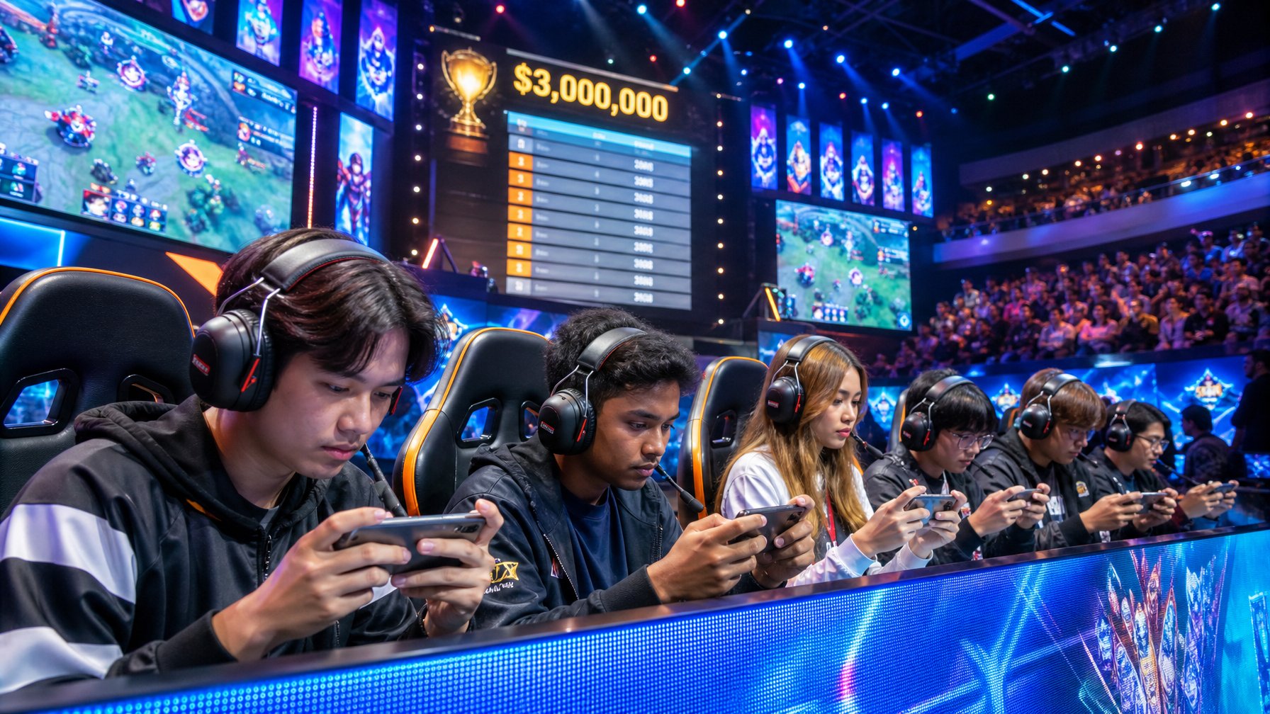 Sekelompok pemain esports mobile sedang bermain dengan serius di arena turnamen yang ramai dengan layar besar dan penonton di latar belakang.
