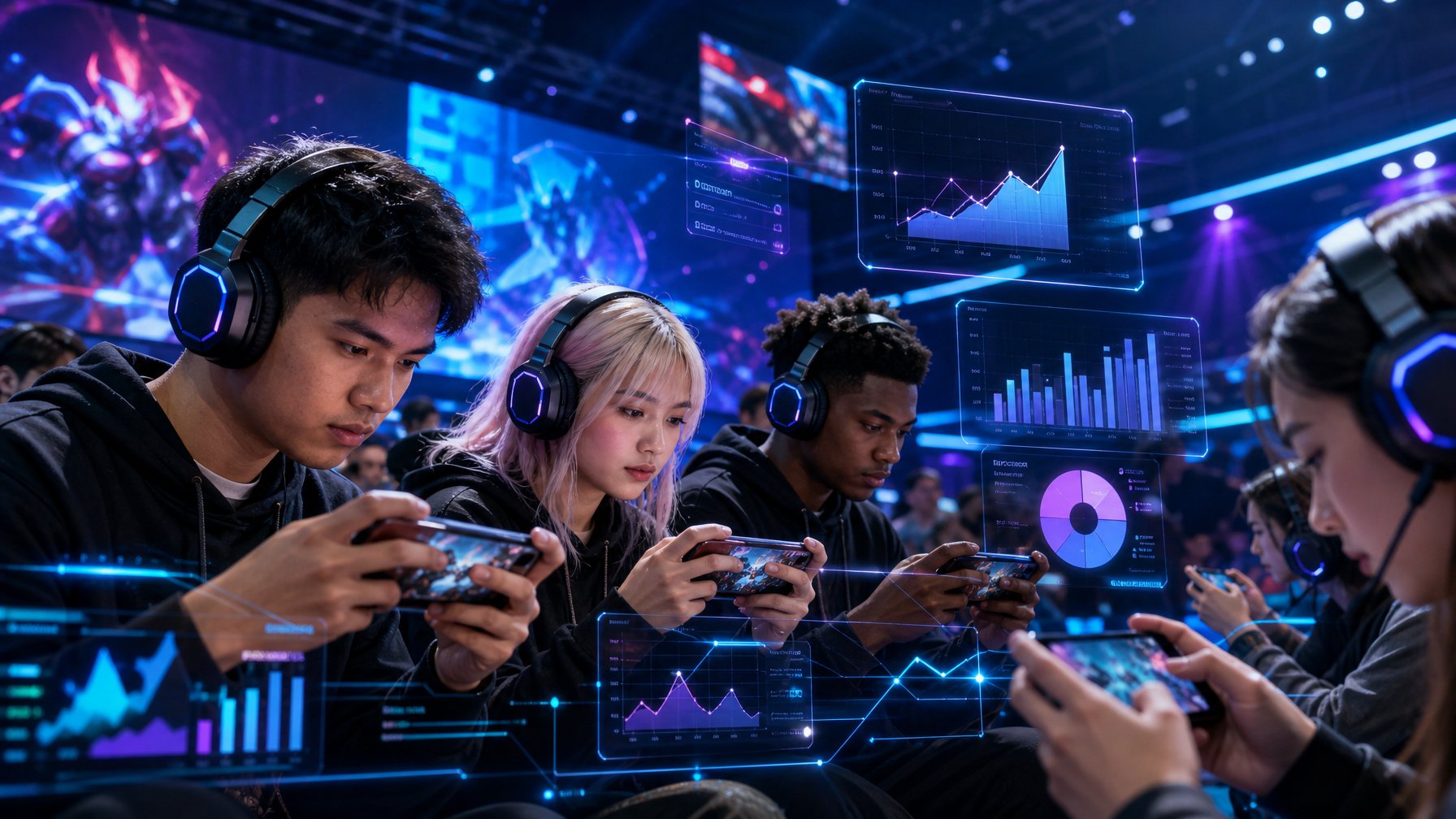 Sekelompok orang muda bermain game esports mobile dengan grafik digital mengambang yang menunjukkan statistik dan hadiah di latar belakang arena esports modern.