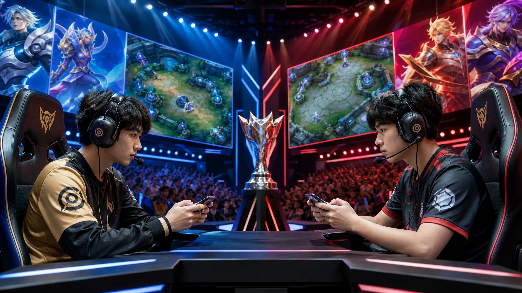 Dua pemain esports profesional sedang bertanding dalam turnamen mobile MOBA di arena dengan layar besar dan penonton ramai.