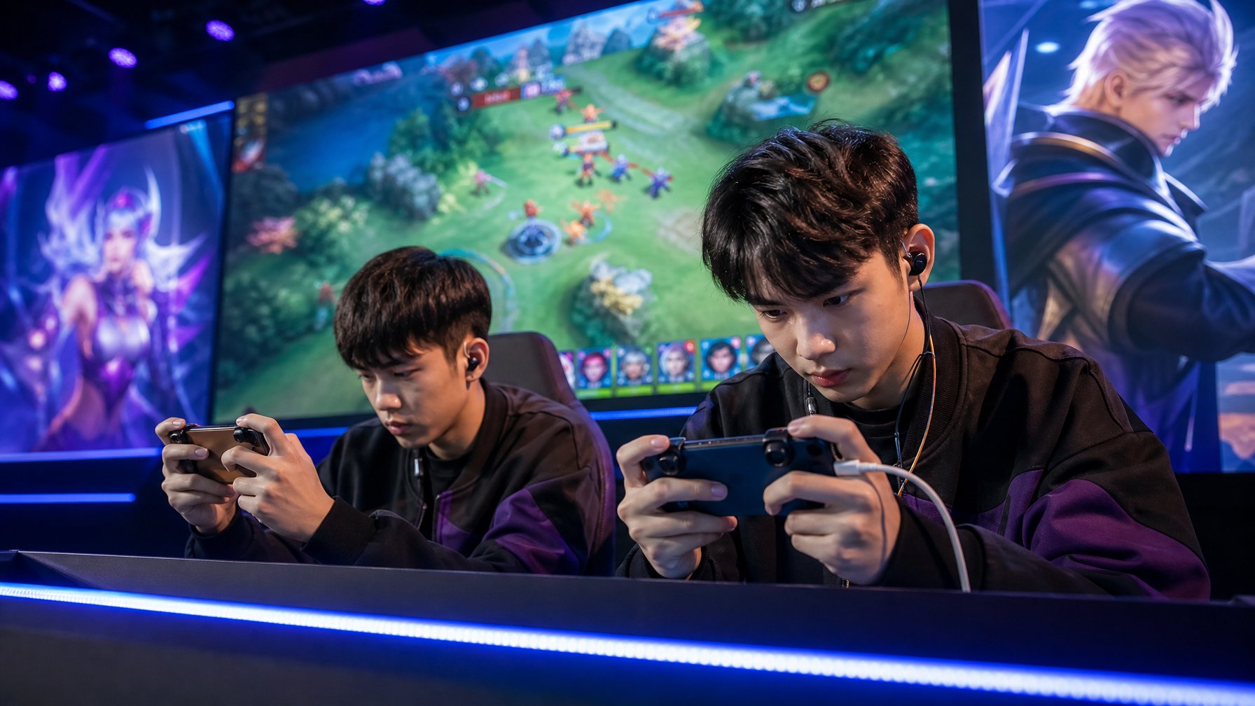Dua pemain esports sedang bermain game mobile MOBA dengan latar belakang arena esports dan layar besar yang menampilkan grafik permainan.