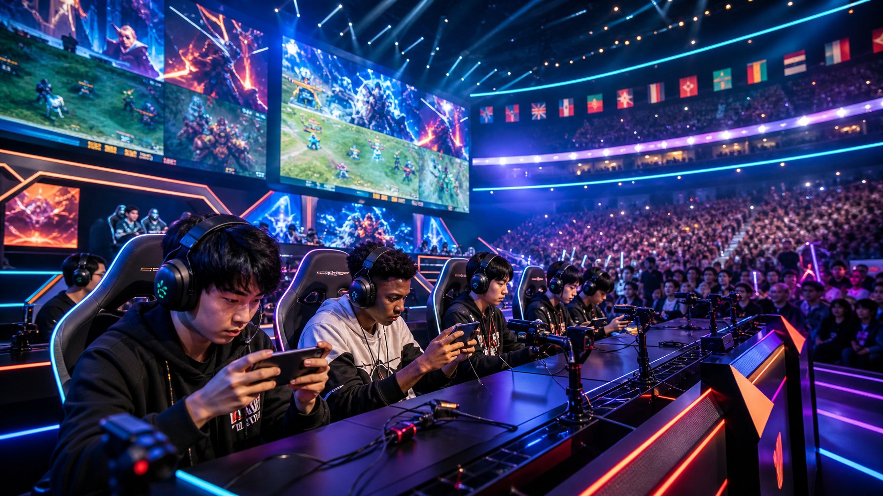 Arena esports dengan tim-tim pemain mobile esports yang sedang bertanding di depan penonton yang antusias.