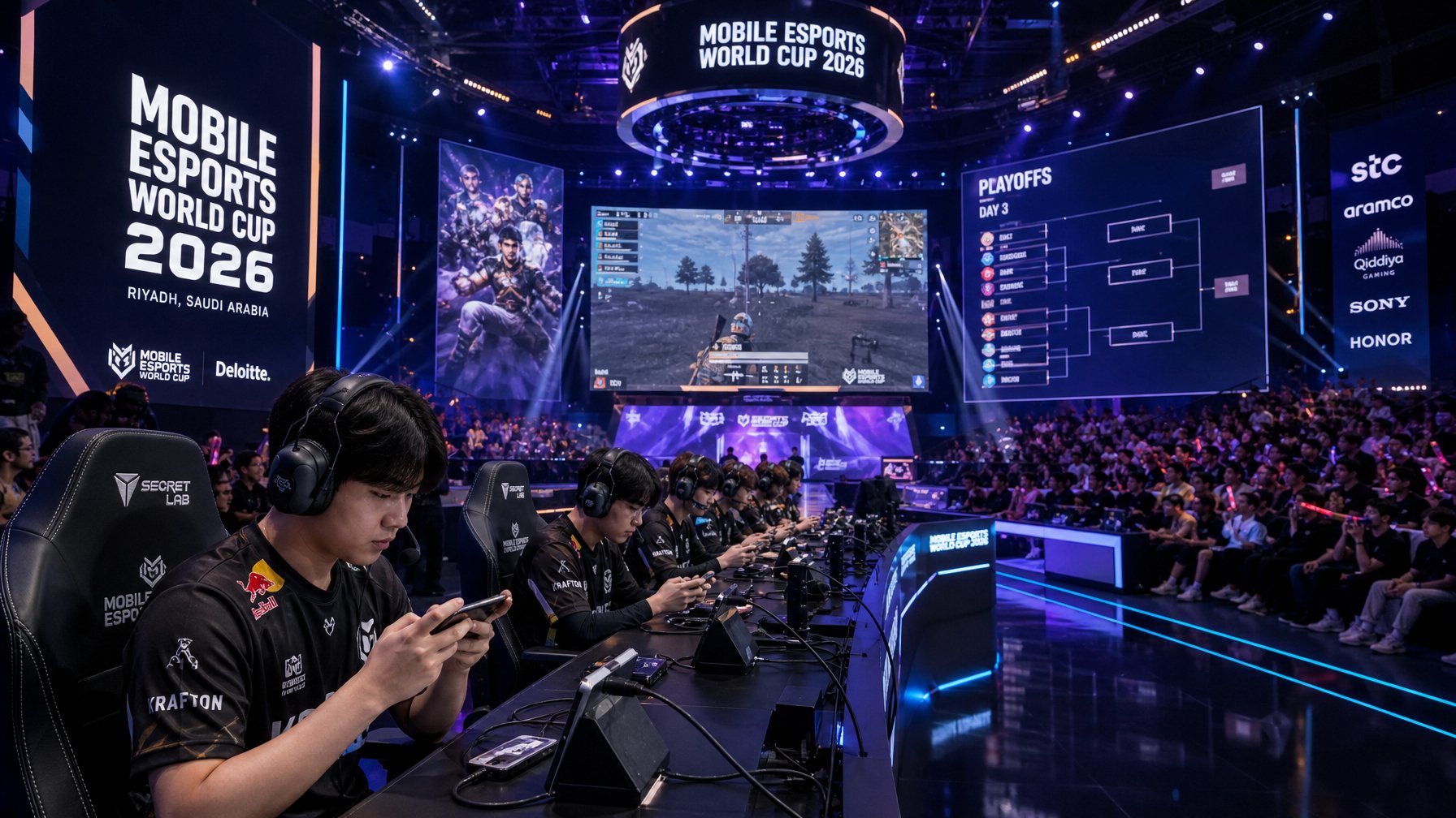 Suasana turnamen esports mobile dengan pemain profesional sedang bertanding di arena yang penuh penonton dan layar besar menampilkan pertandingan.