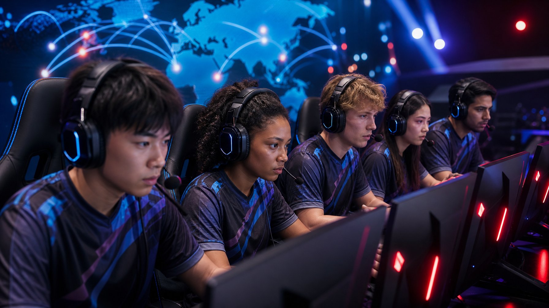 Lima pemain esports sedang fokus bermain di arena turnamen dengan peralatan gaming canggih dan latar belakang layar digital besar.