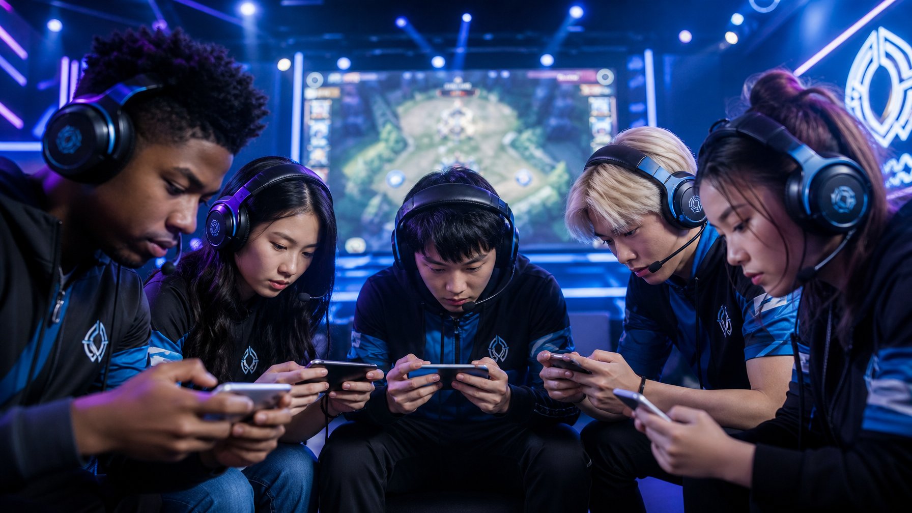 Lima pemain esports muda sedang bermain game di arena dengan pencahayaan warna-warni dan suasana kompetitif.