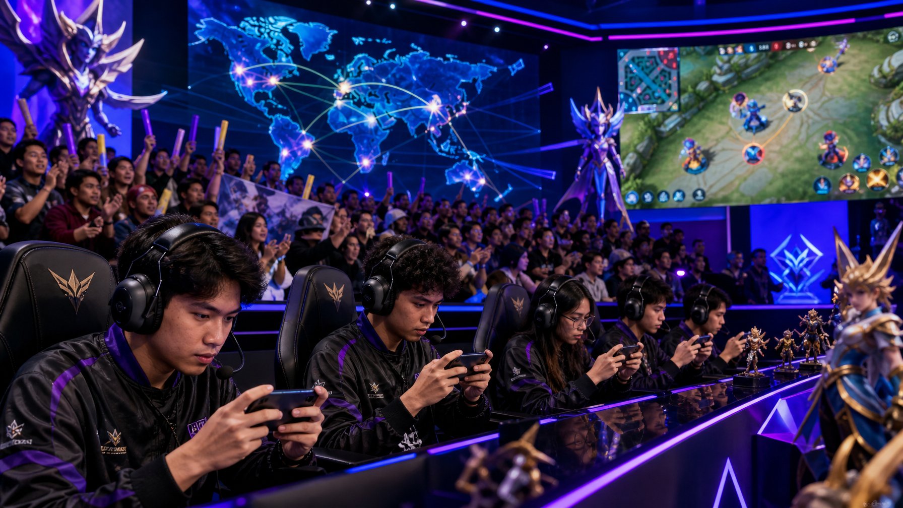 Sejumlah pemain esports sedang bermain Mobile Legends di arena permainan modern dengan layar besar dan penonton yang antusias di latar belakang.