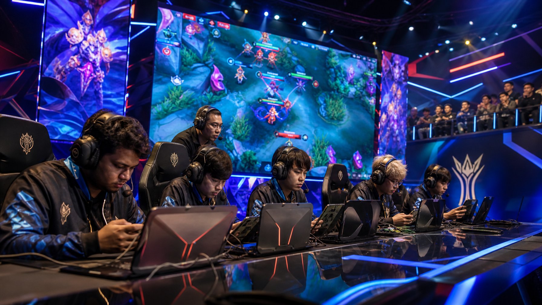 Sekelompok pemain esports muda sedang bermain Mobile Legends dalam turnamen di arena permainan modern dengan layar besar dan pencahayaan warna-warni.