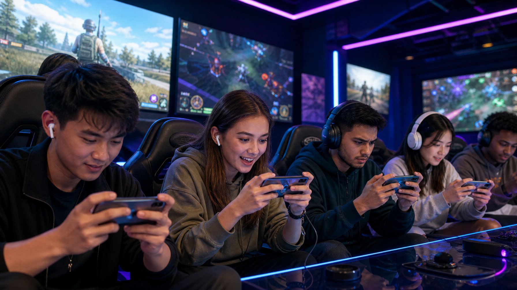 Sekelompok orang muda bermain game mobile dengan serius di ruang bermain modern dengan layar besar di latar belakang.