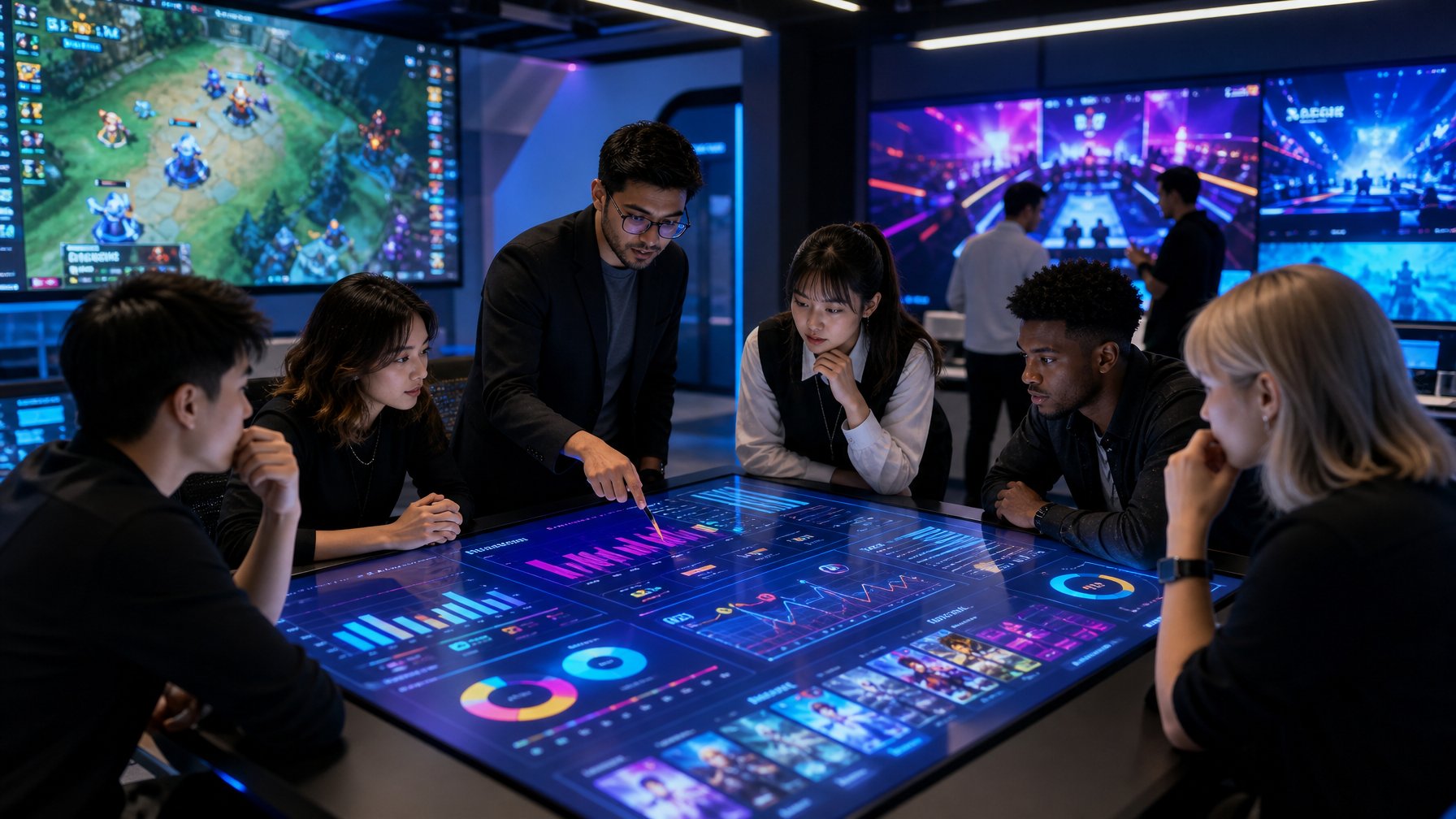 Sekelompok profesional muda sedang menganalisis data esports mobile di ruang kantor modern dengan layar besar menampilkan grafik dan cuplikan permainan.