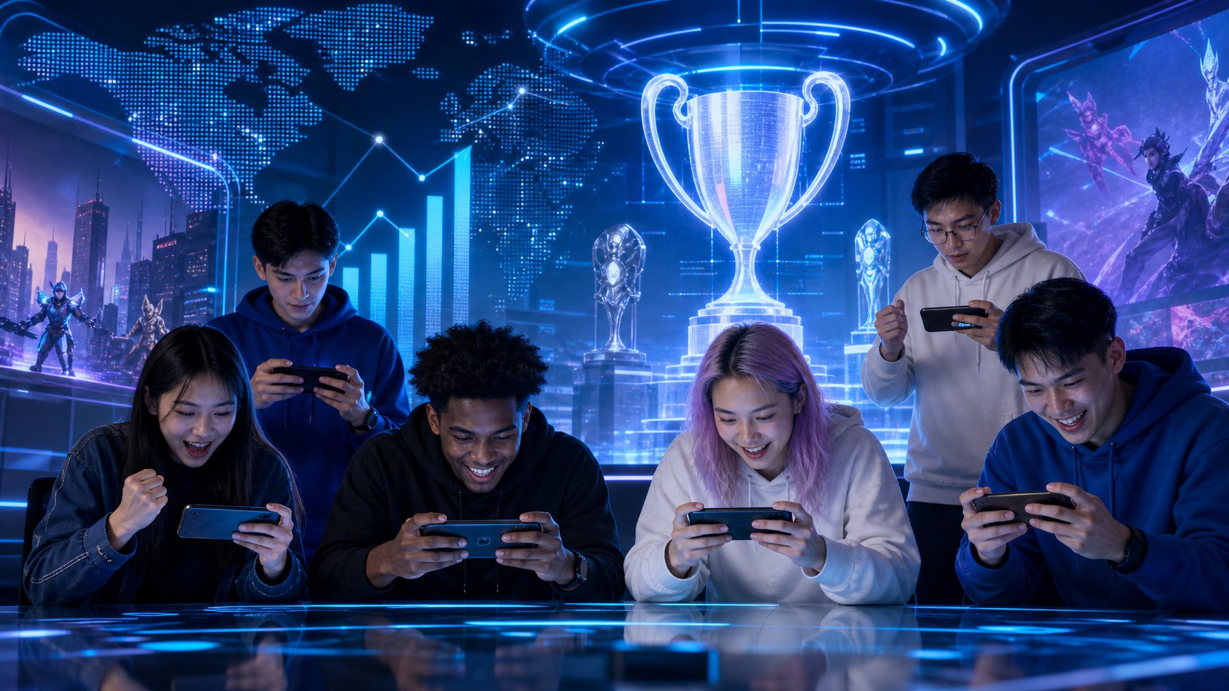 Sekelompok orang muda yang fokus menggunakan perangkat mobile, dikelilingi oleh grafik dan trofi virtual yang menunjukkan perkembangan esports mobile.