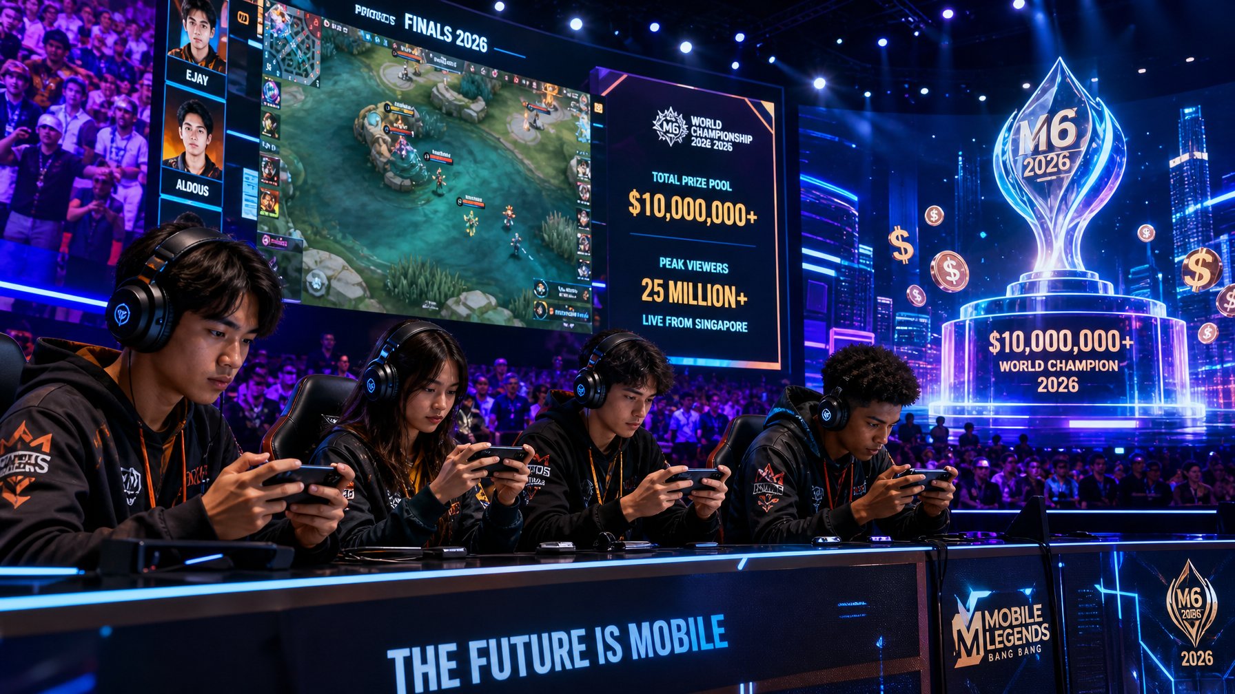 Sejumlah pemain muda sedang bermain game di smartphone di arena esports dengan layar besar dan trofi holografik di latar belakang.