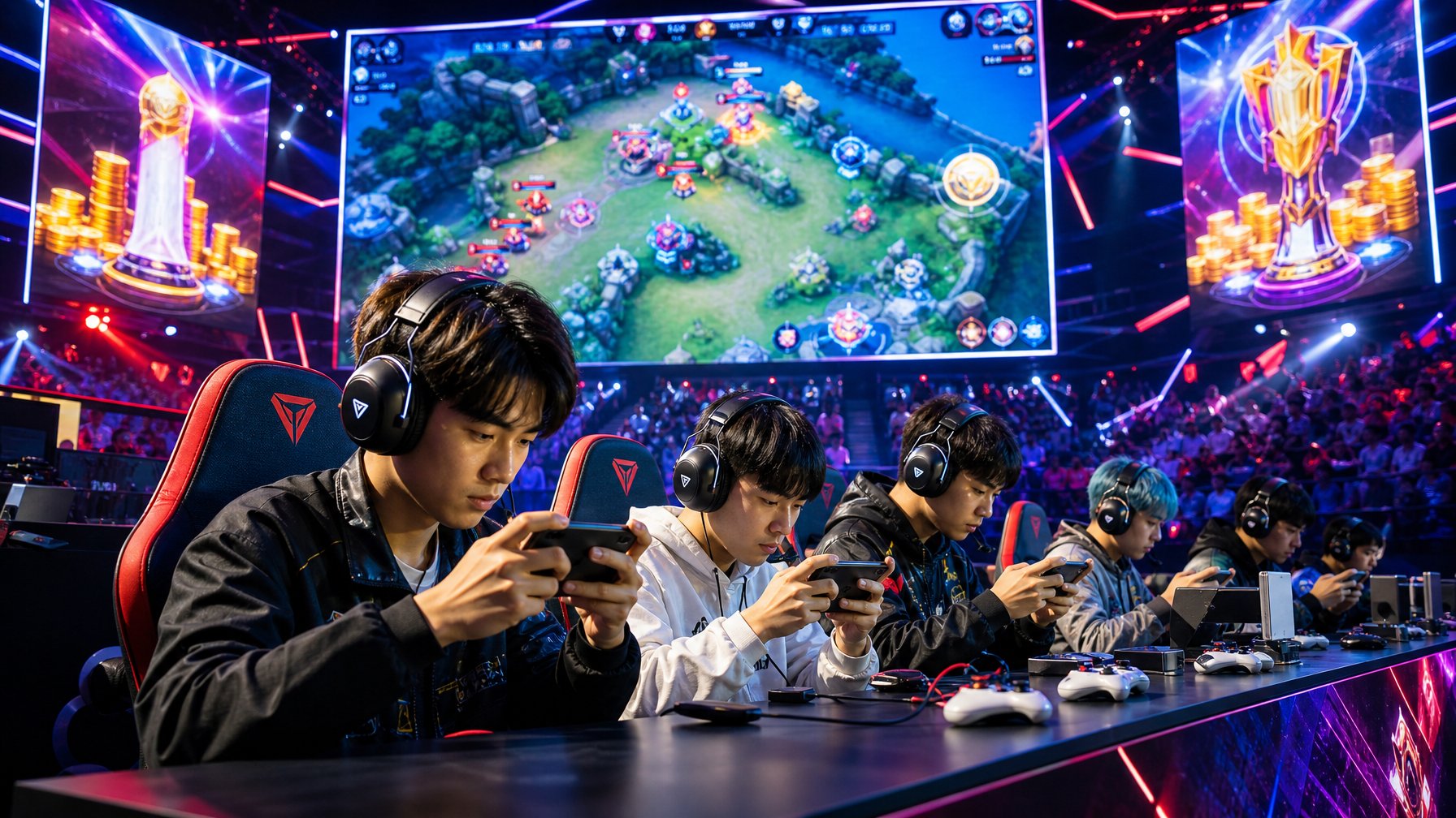 Suasana turnamen esports mobile tahun 2026 dengan pemain muda yang fokus bermain di ponsel dan penonton di latar belakang.