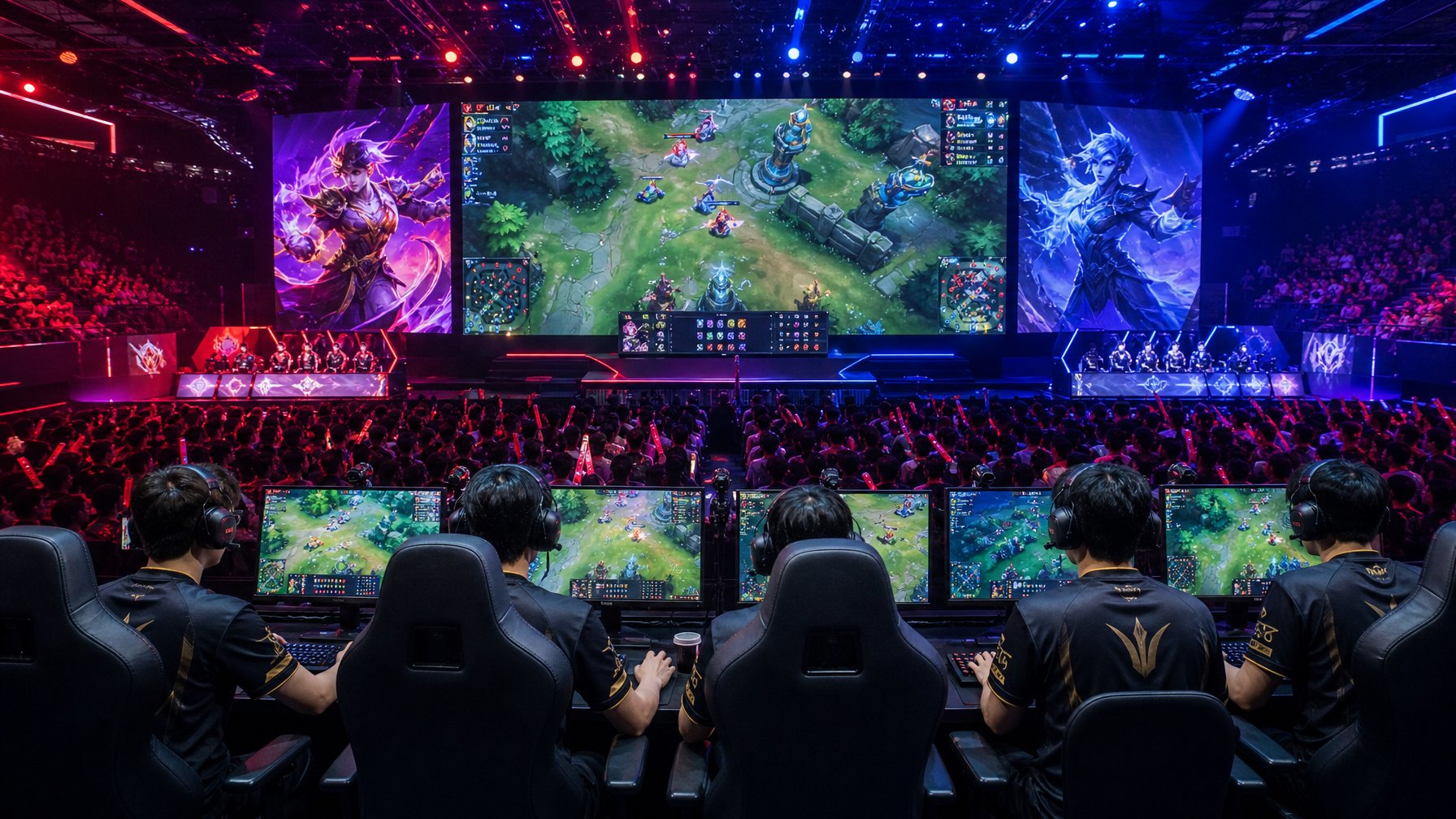 Suasana turnamen esports MOBA dengan pemain dan penonton di arena kompetisi yang ramai.