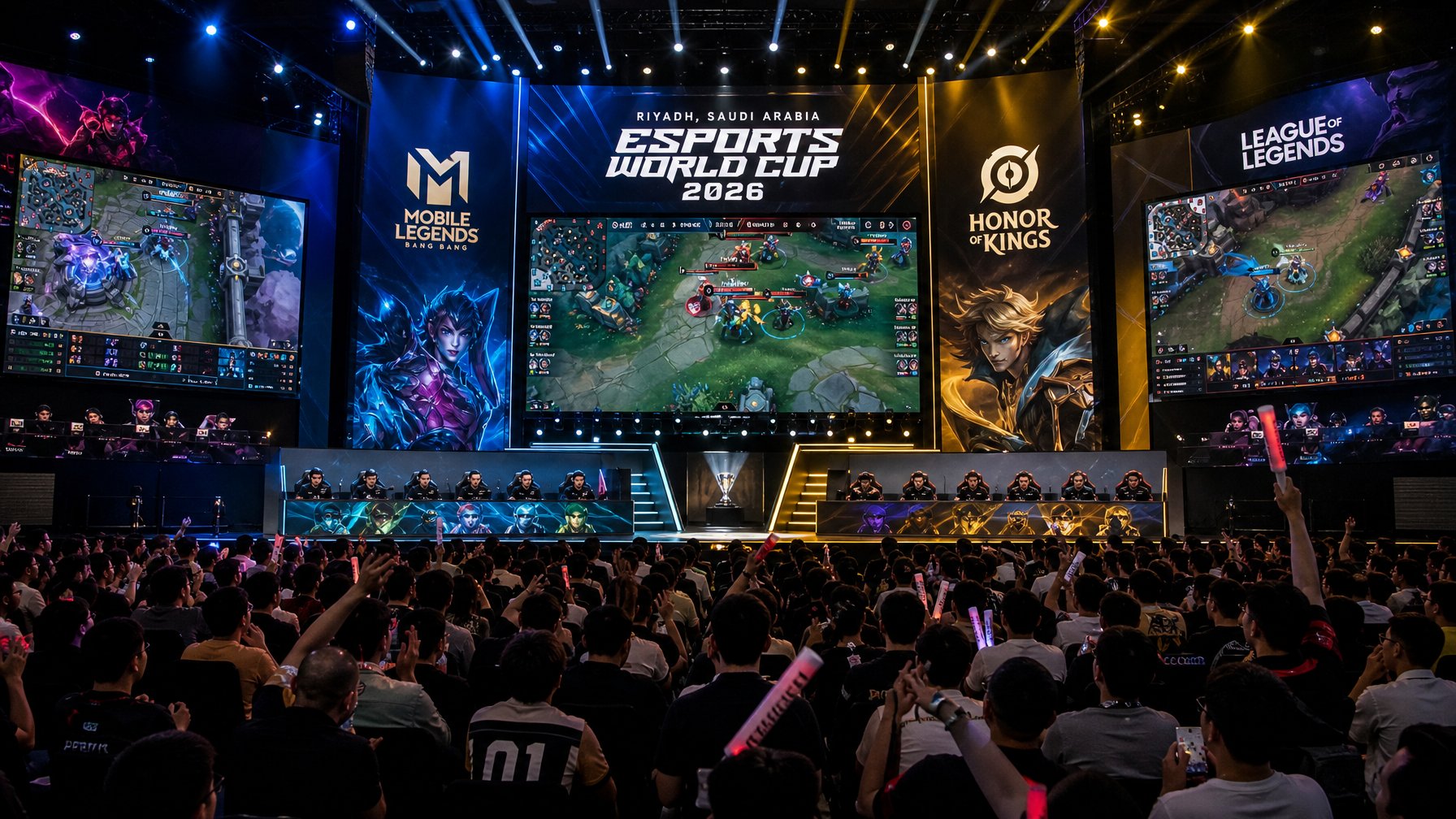 Suasana arena esports dengan penonton menonton pertandingan game Mobile Legends, Honor of Kings, dan League of Legends di layar besar.