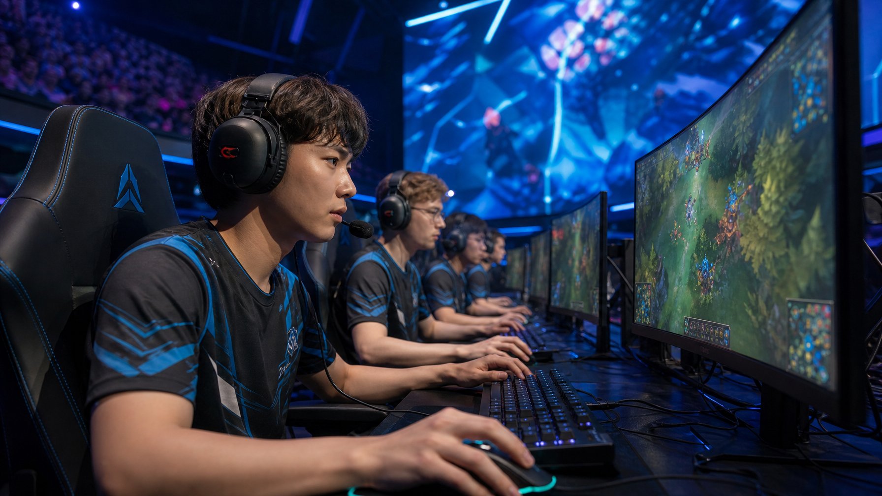 Sejumlah pemain esports sedang fokus bermain game MOBA di arena kompetisi dengan peralatan gaming modern dan penonton di latar belakang.
