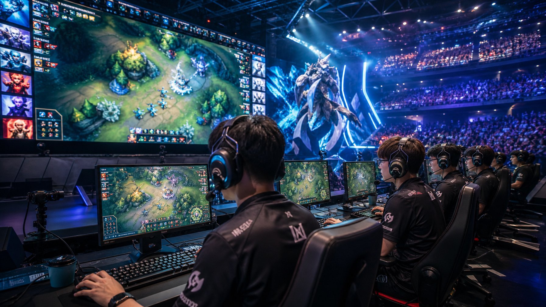 Suasana kompetisi esports MOBA dengan pemain profesional yang fokus bermain di arena dengan layar besar dan penonton di latar belakang.