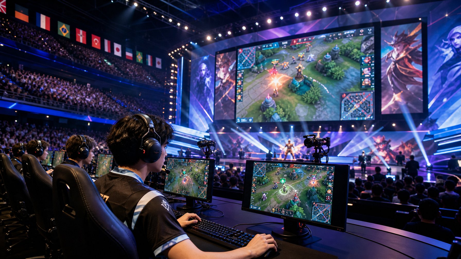 Suasana turnamen esports Honor of Kings World Cup 2026 dengan pemain profesional yang bermain di panggung dan penonton yang antusias di arena besar.