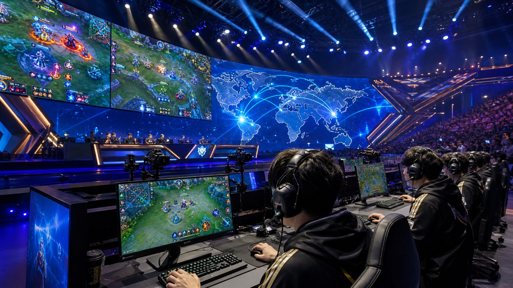 Suasana turnamen esports besar dengan pemain profesional yang fokus bermain game MOBA di arena penuh penonton dan layar besar menampilkan aksi permainan.