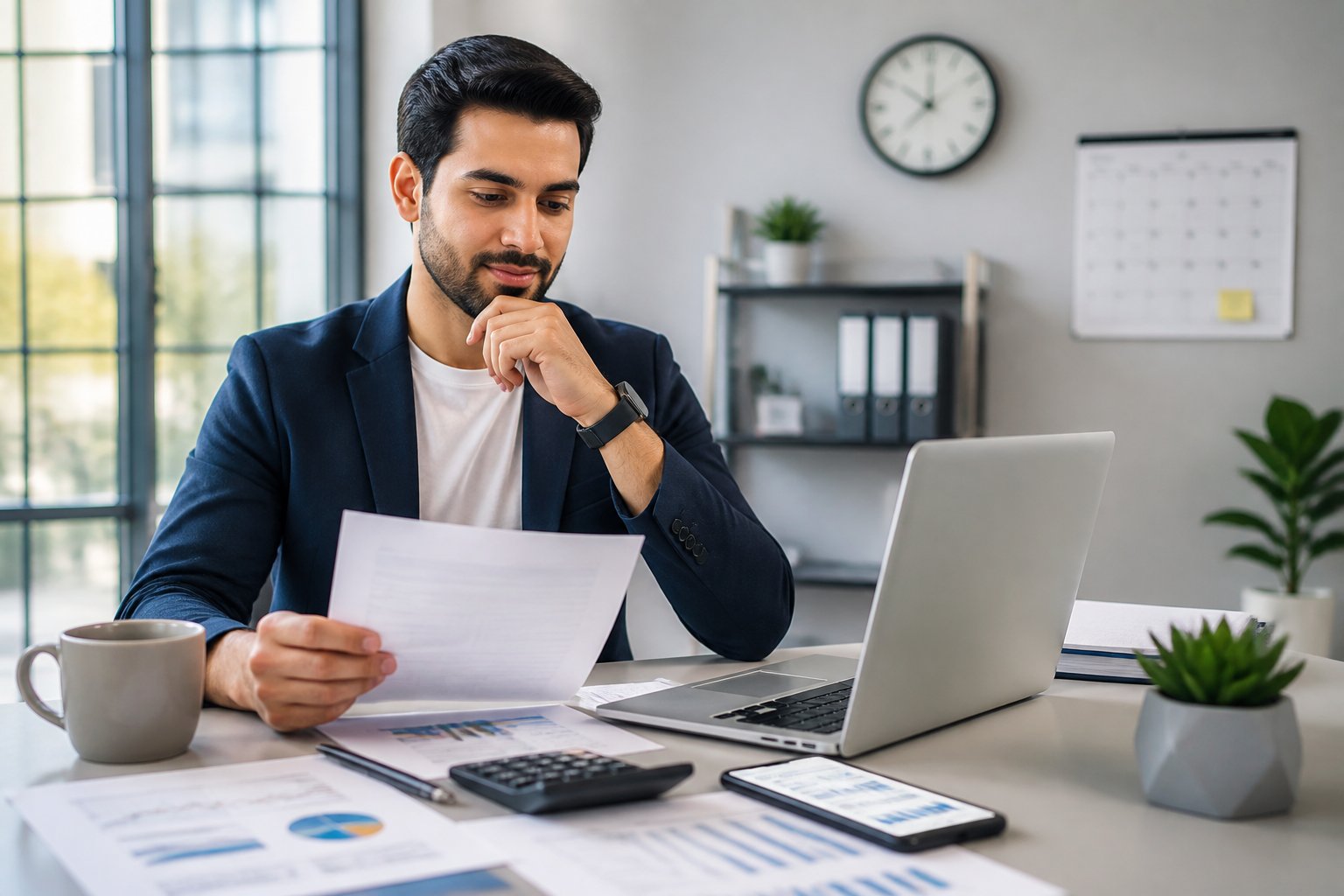 A businessperson working at a desk with a laptop, calculator, and smartphone, reviewing financial documents in a bright office.
