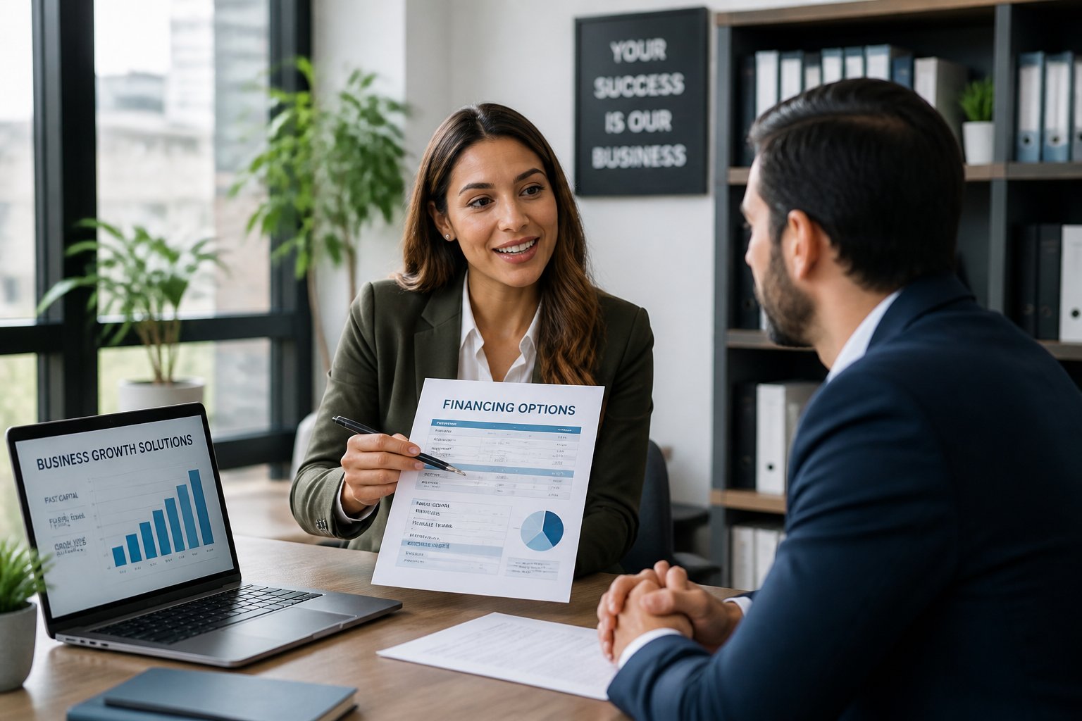 Business professionals discussing financial documents in a bright office setting.