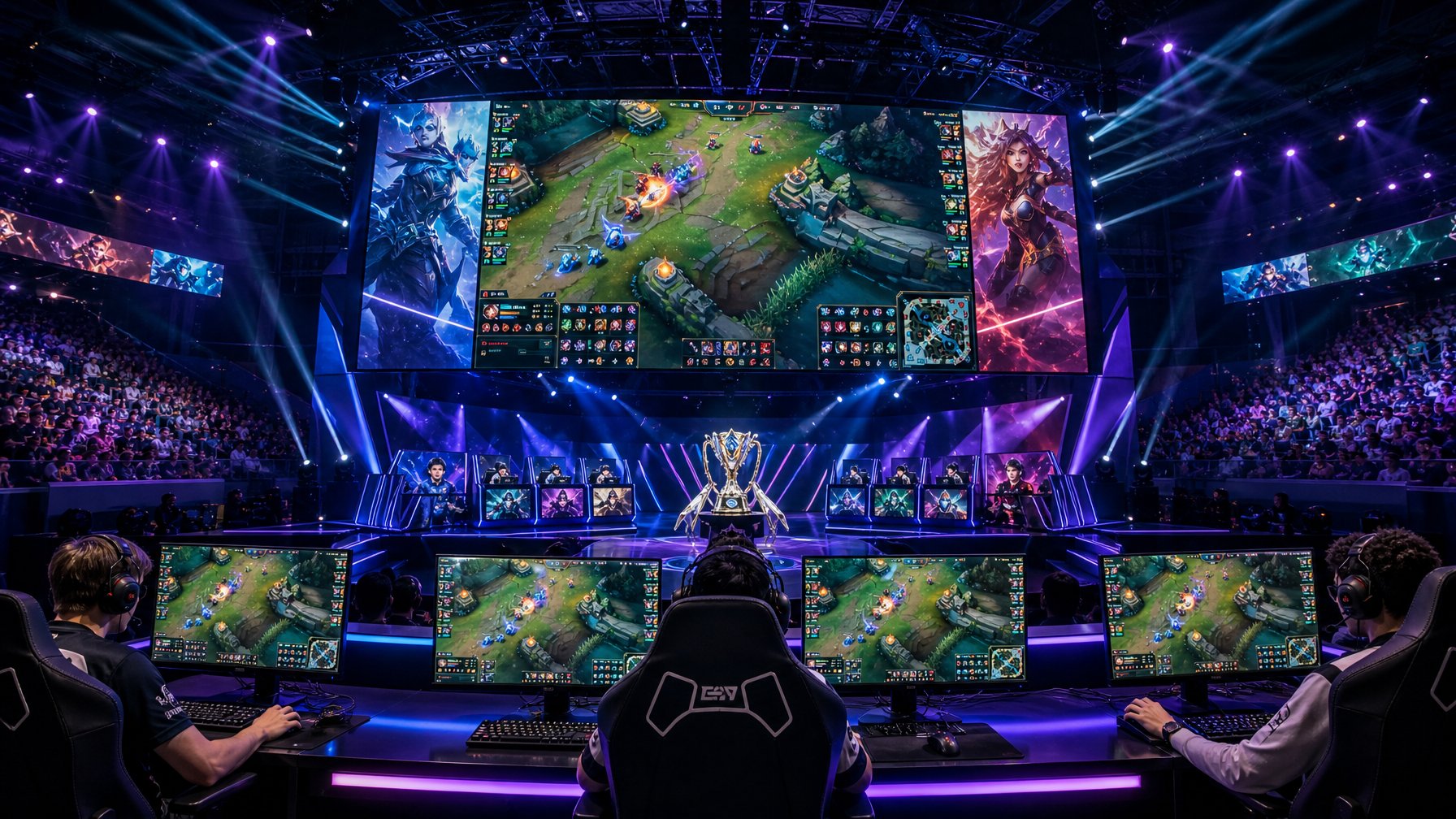 Suasana turnamen esports MOBA besar tahun 2026 dengan pemain profesional berlomba di arena yang penuh penonton dan layar besar menampilkan permainan.
