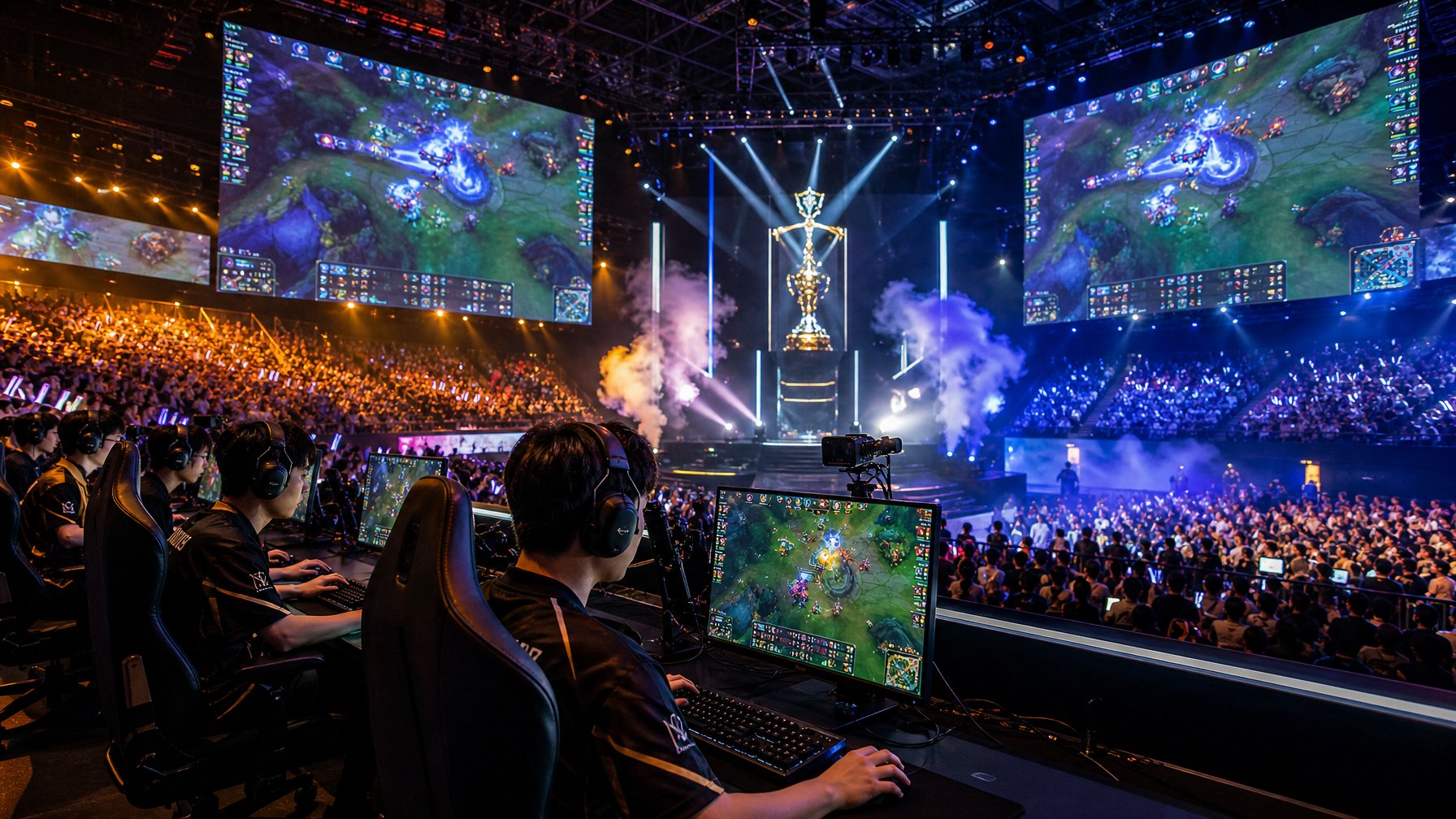Suasana turnamen esports MOBA internasional dengan arena besar, pemain fokus di depan komputer, dan penonton antusias.