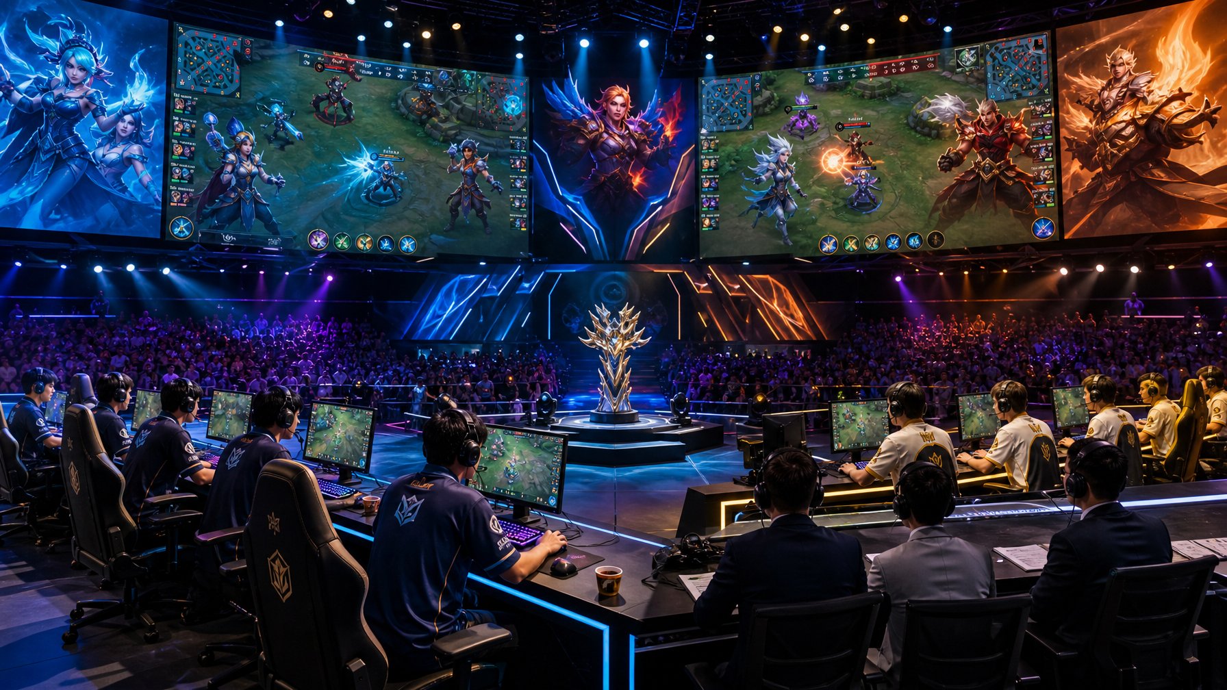 Suasana kompetisi esports antara dua tim yang bermain Mobile Legends dan Honor of Kings di arena dengan penonton dan layar besar yang menampilkan permainan.