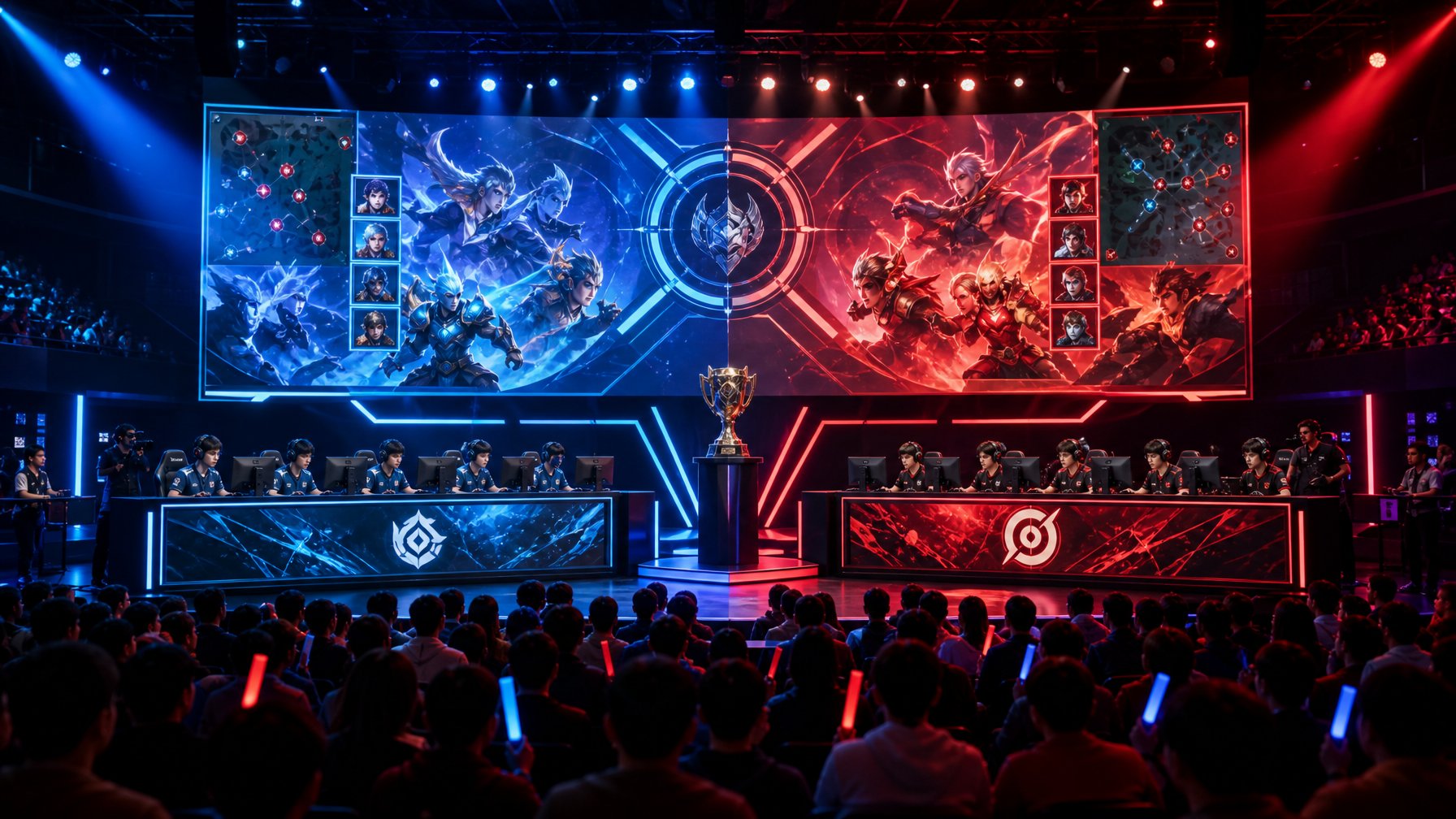 Suasana kompetisi esports dengan dua tim pemain profesional yang fokus bermain game MOBA di arena modern dengan penonton dan pencahayaan dinamis.