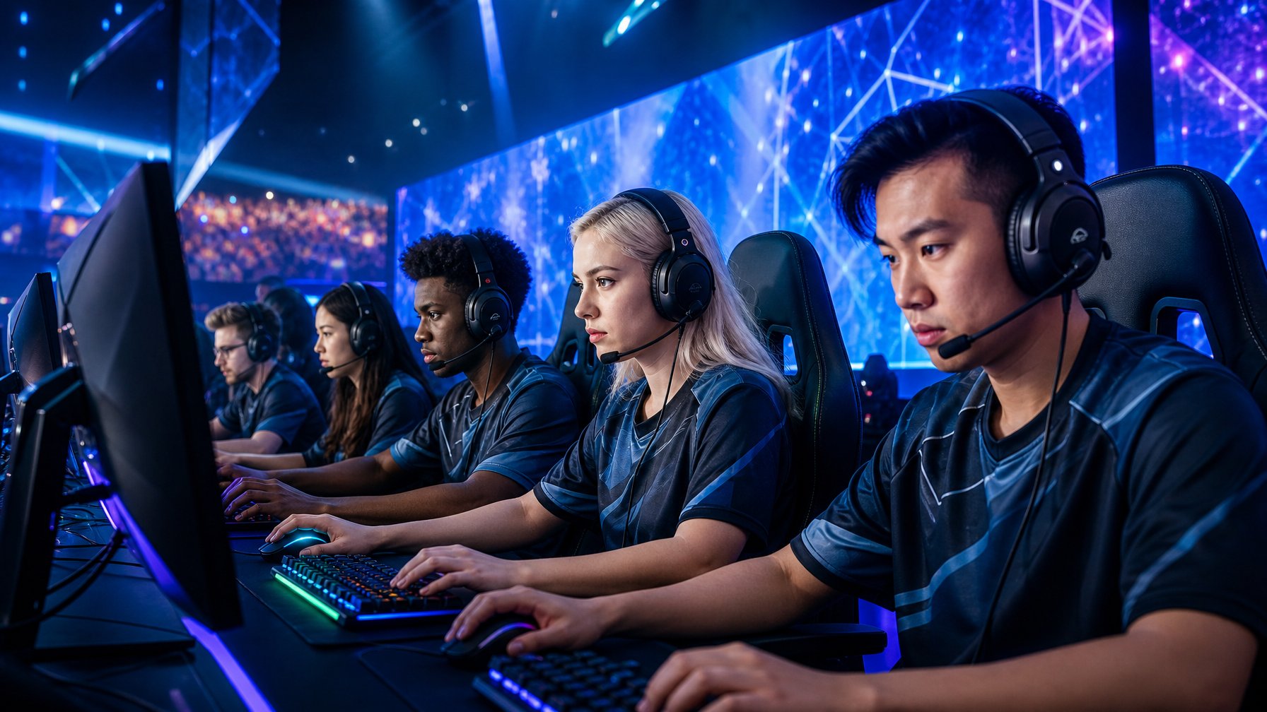 Lima pemain esports sedang bermain di panggung turnamen dengan peralatan gaming canggih dan pencahayaan warna-warni.