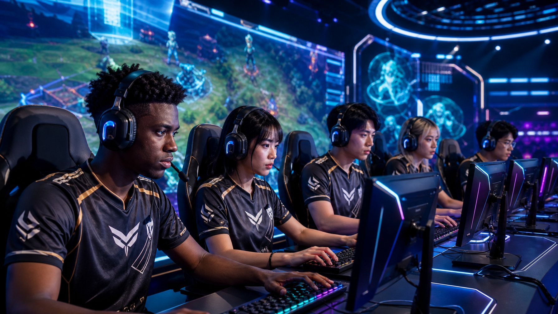 Lima pemain esports sedang bermain game MOBA di arena dengan pencahayaan LED dan layar digital besar di latar belakang.