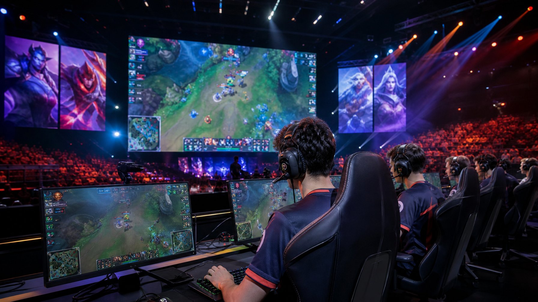 Arena esports dengan pemain fokus bermain game MOBA di depan komputer, lampu warna-warni, dan penonton di latar belakang.